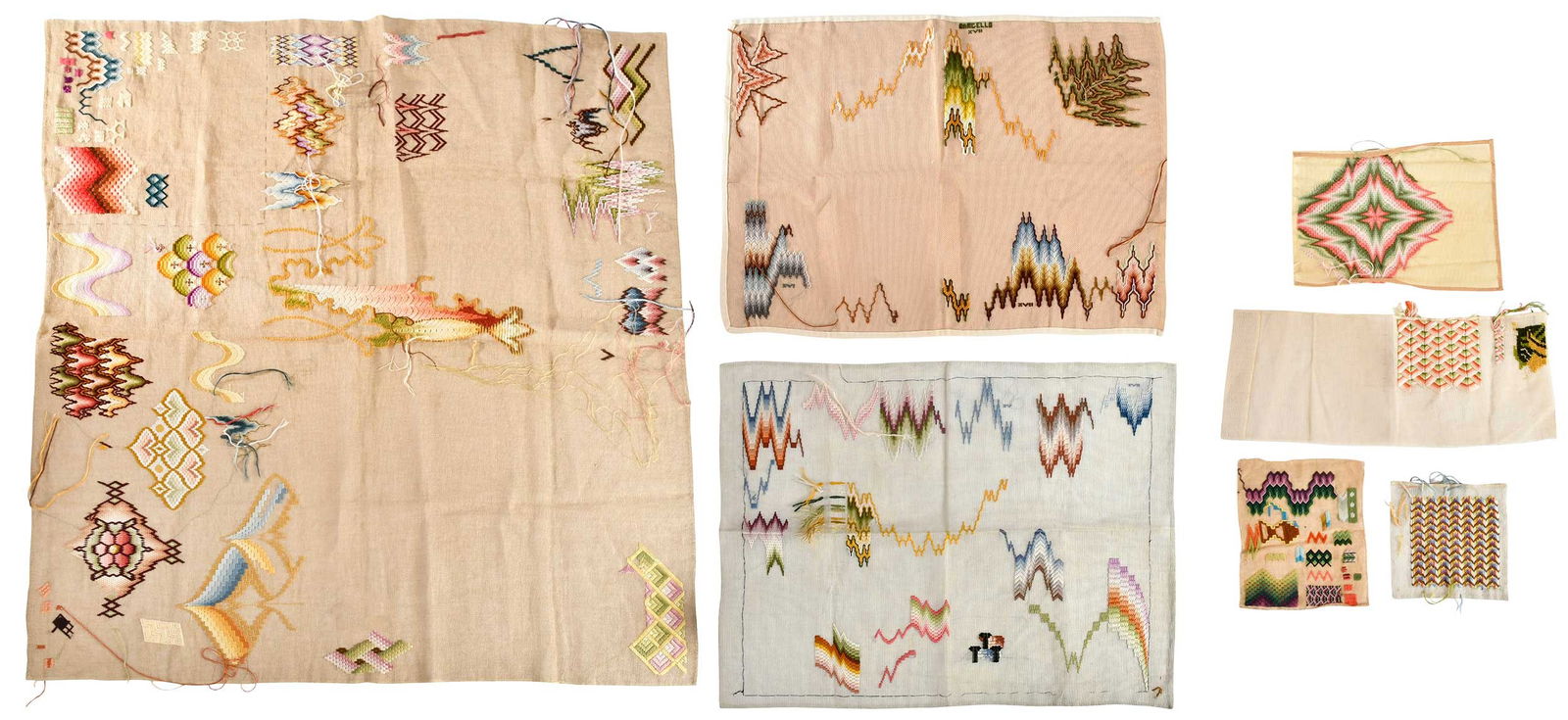 Seven Needlework Bargello Pattern Samplers: probably American, early 20th century, one inscribed "Bargello/XVII", largest approx. 38 x 42 in. Provenance: Gift of Mrs. Robert G. Olmsted and Constable MacCracken; Property from the Brooklyn Museum