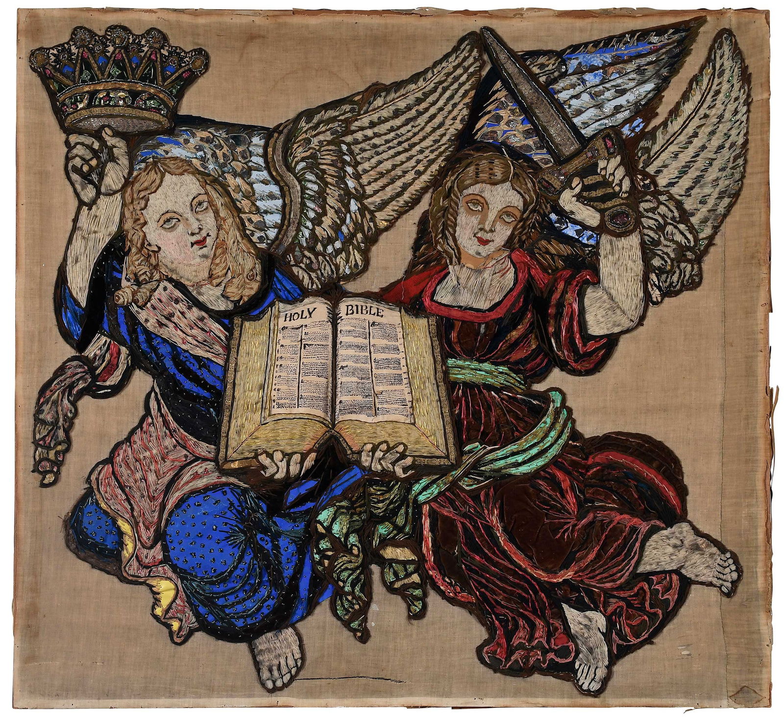 Applique Fragment, Angels with Bible: late 19th/early 20th century, possibly American, linen, silk, wool, paper, possibly human hair, on wood stretcher, 35 x 38 x 1 in.Provenance: Bequest of Margaret S. Bedell; Property from the Brooklyn