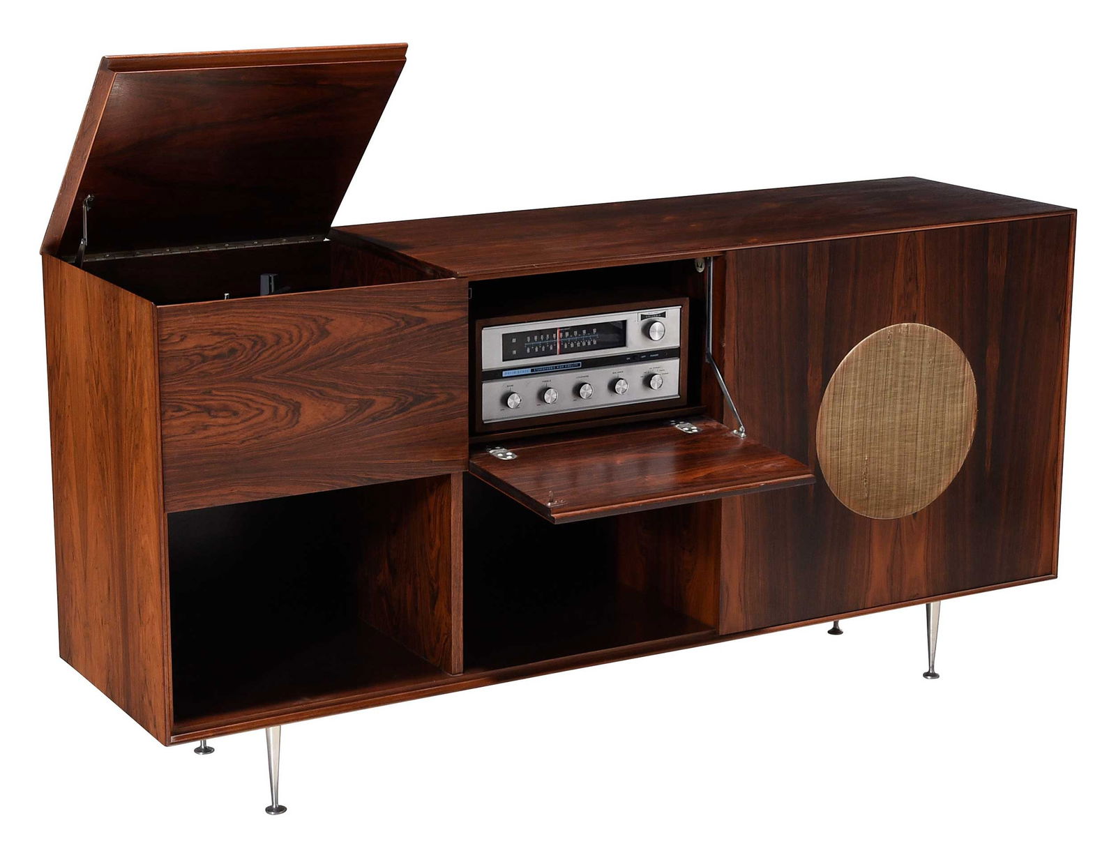 George Nelson for Herman Miller Mid Century Modern Rosewood Stereo Cabinet: mid 20th century, with Columbia Solid State Stereophonic High Fidelity stereo, Herman Miller badge to cabinet interior, user manual included, 26-1/2 x 67-1/4 x 18-1/2 in. Provenance: Gift from Patrici