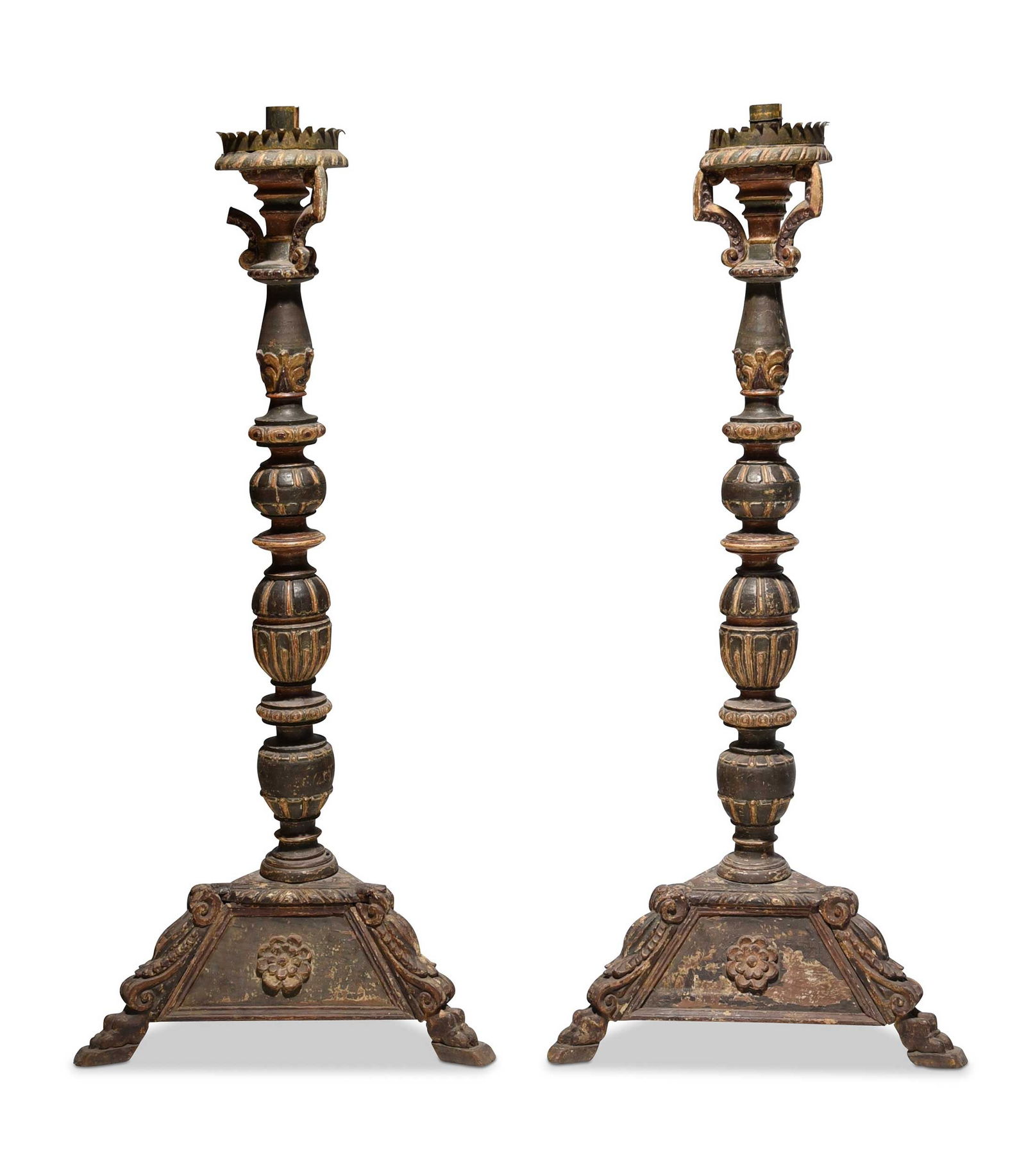 Exceptional Pair of Italian Renaissance Carved Gilt and Polychromed Monumental Torchieres (1 of 19)