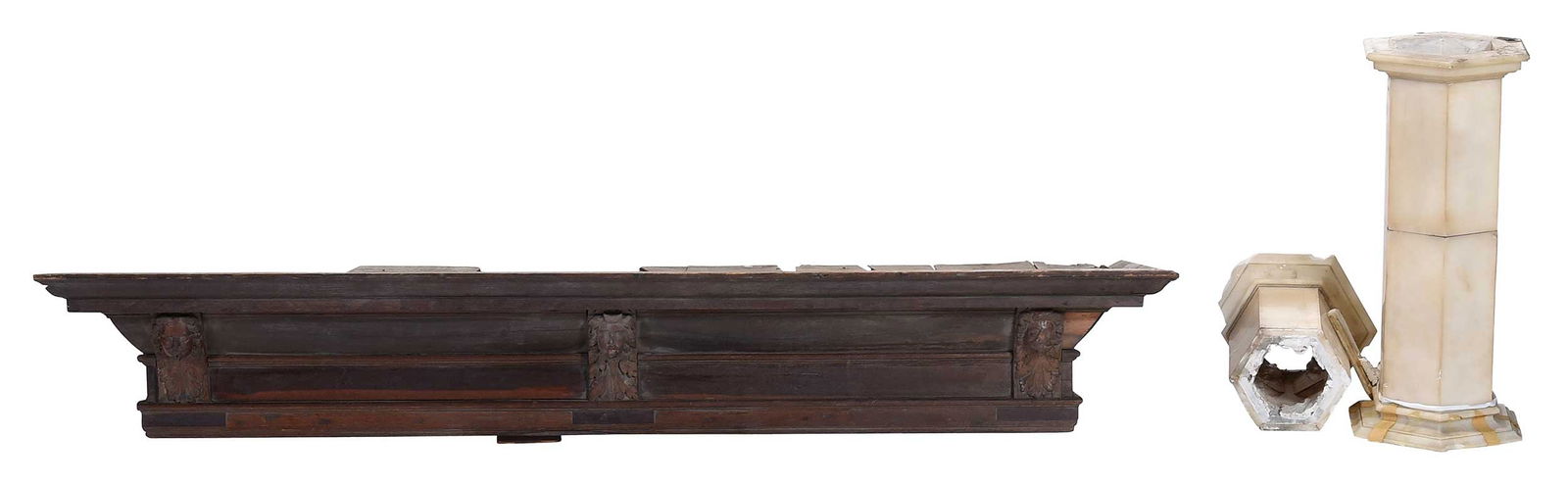 17th Century Dutch Kast Cornice with Marble Pedestals and More: cornice Hoorn, Friesland, circa 1650, with carved mask appliques, also included are wood panels and two ball feet, 10-1/2 x 72-1/2 x 12 in. Provenance: By report, in a patrician house in Hoorn, The Ne