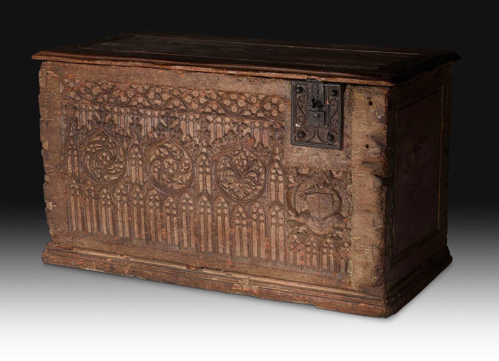 Rare Gothic Tracery Carved and Iron Mounted Coffer (1 of 18)