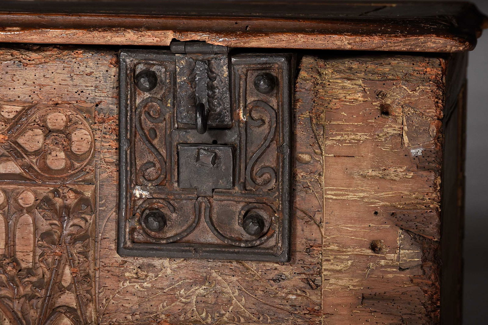 Rare Gothic Tracery Carved and Iron Mounted Coffer - 2