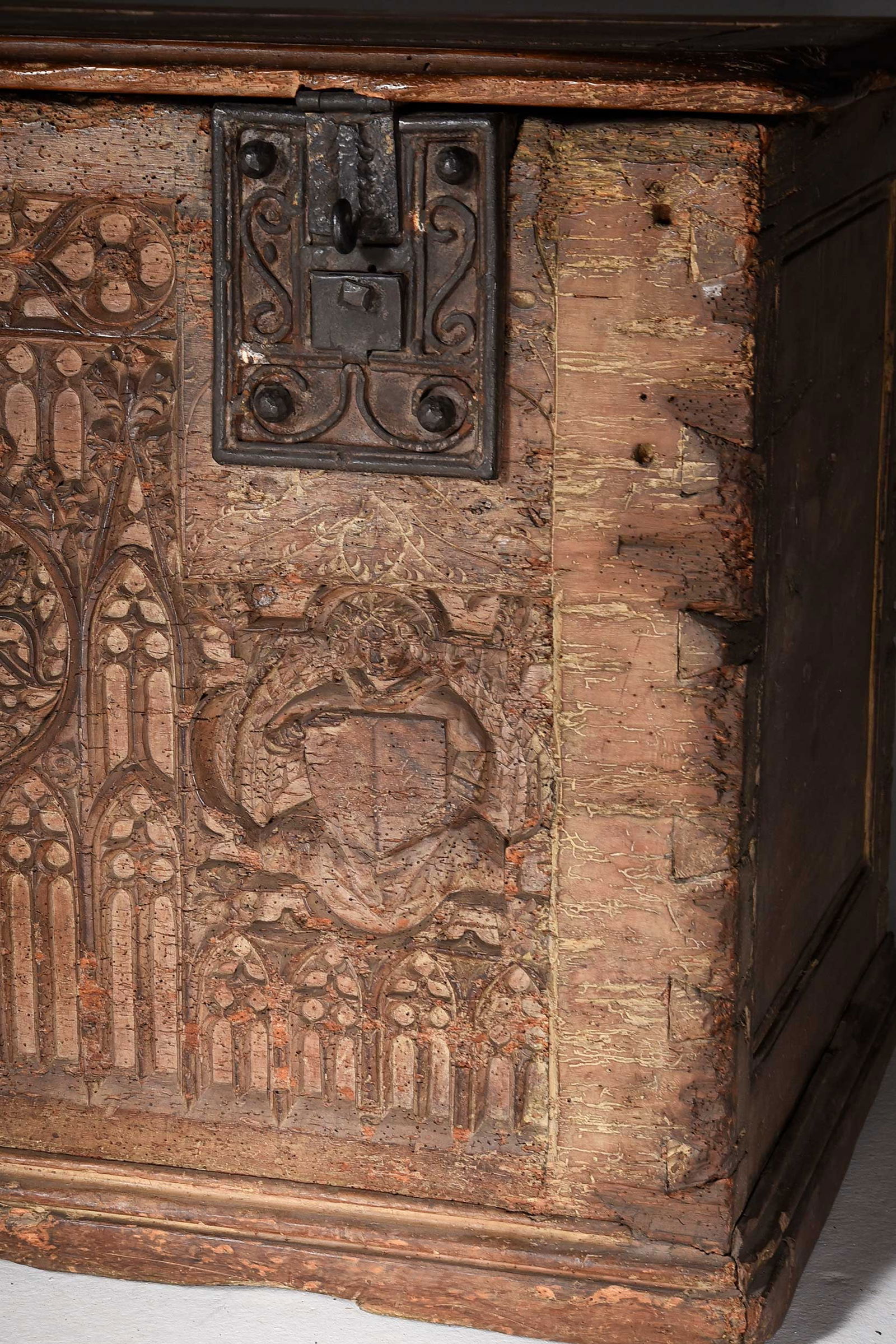 Rare Gothic Tracery Carved and Iron Mounted Coffer - 3