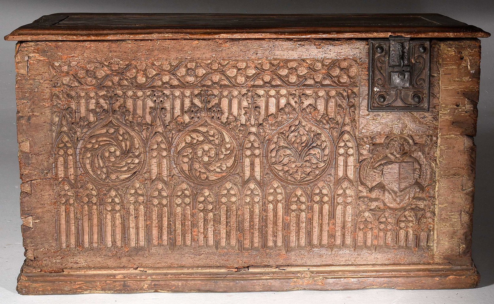 Rare Gothic Tracery Carved and Iron Mounted Coffer - 8