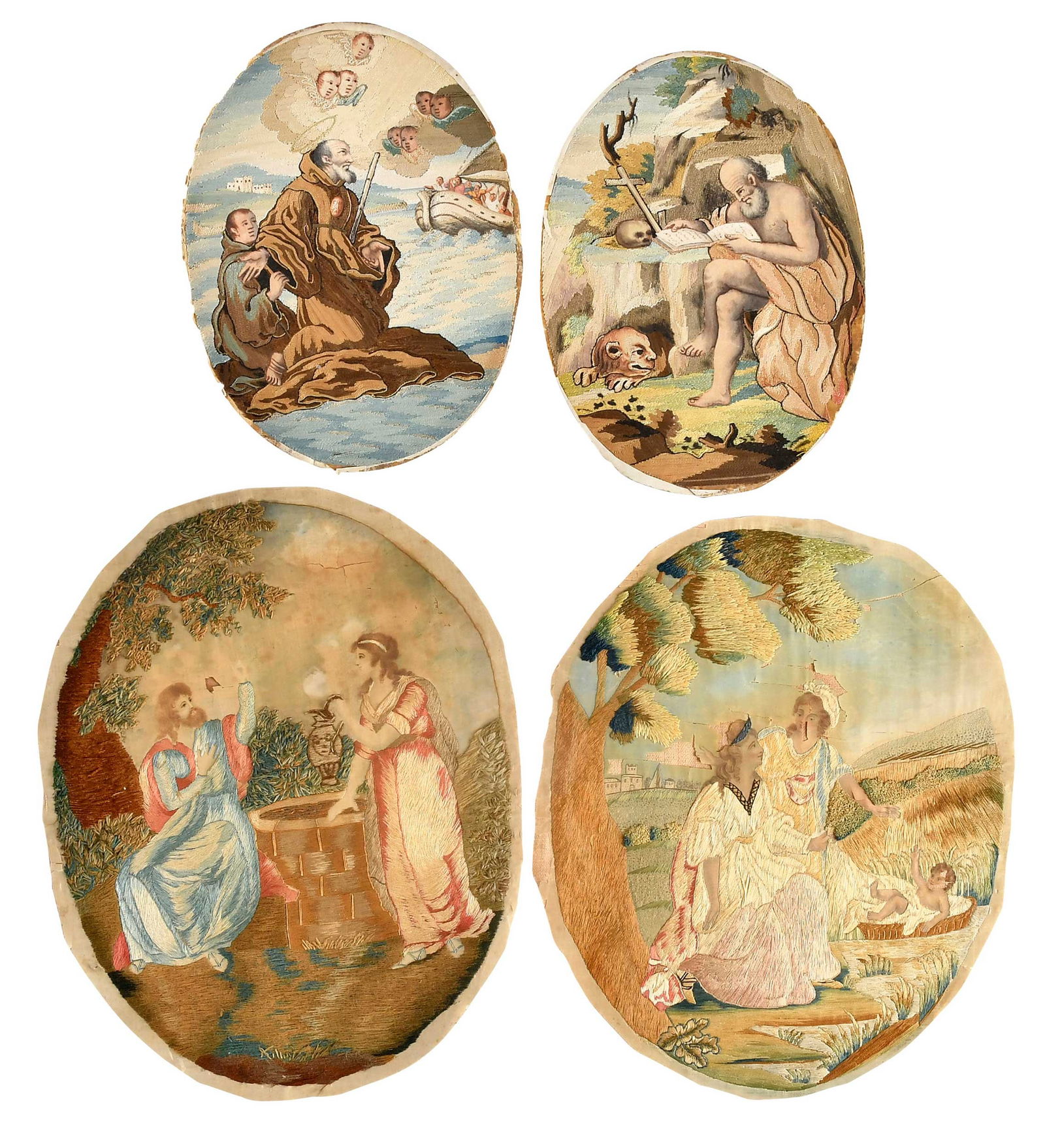 Four 18th Century Oval Biblical Embroideries: Continental/possibly English, silk, wool, linen, and paint, larger pair each approx. 14-3/4 x 11-3/4 in.; all unframed Provenance: Property from the Brooklyn Museum