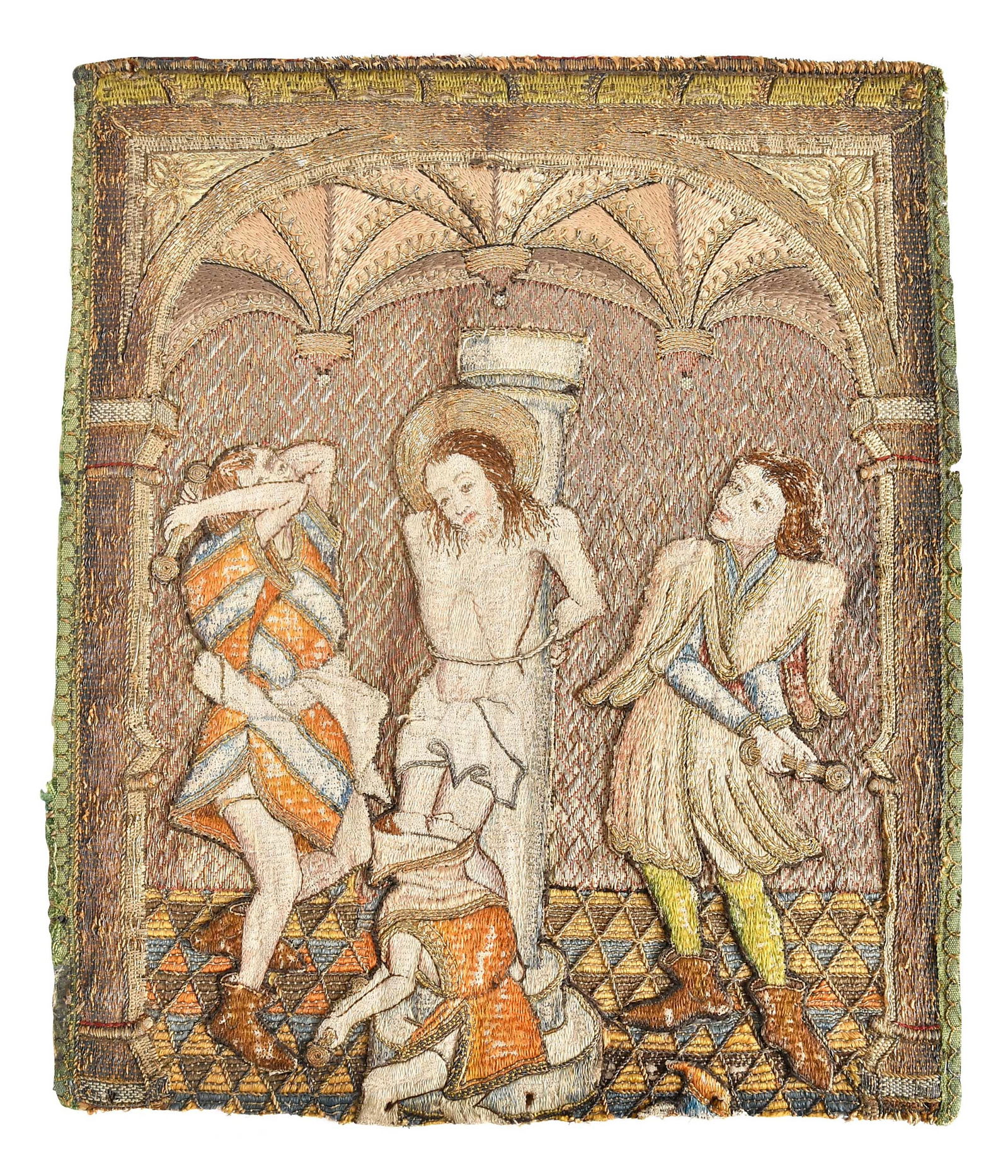 17th Century Embroidery Fragment, Flagellation of Christ: possibly German, silk and gilt metal on linen, 11-1/2 x 9-3/4 in.Provenance: 1928, bequest of William H. Herriman of Rome, Italy; Property from the Brooklyn Museum