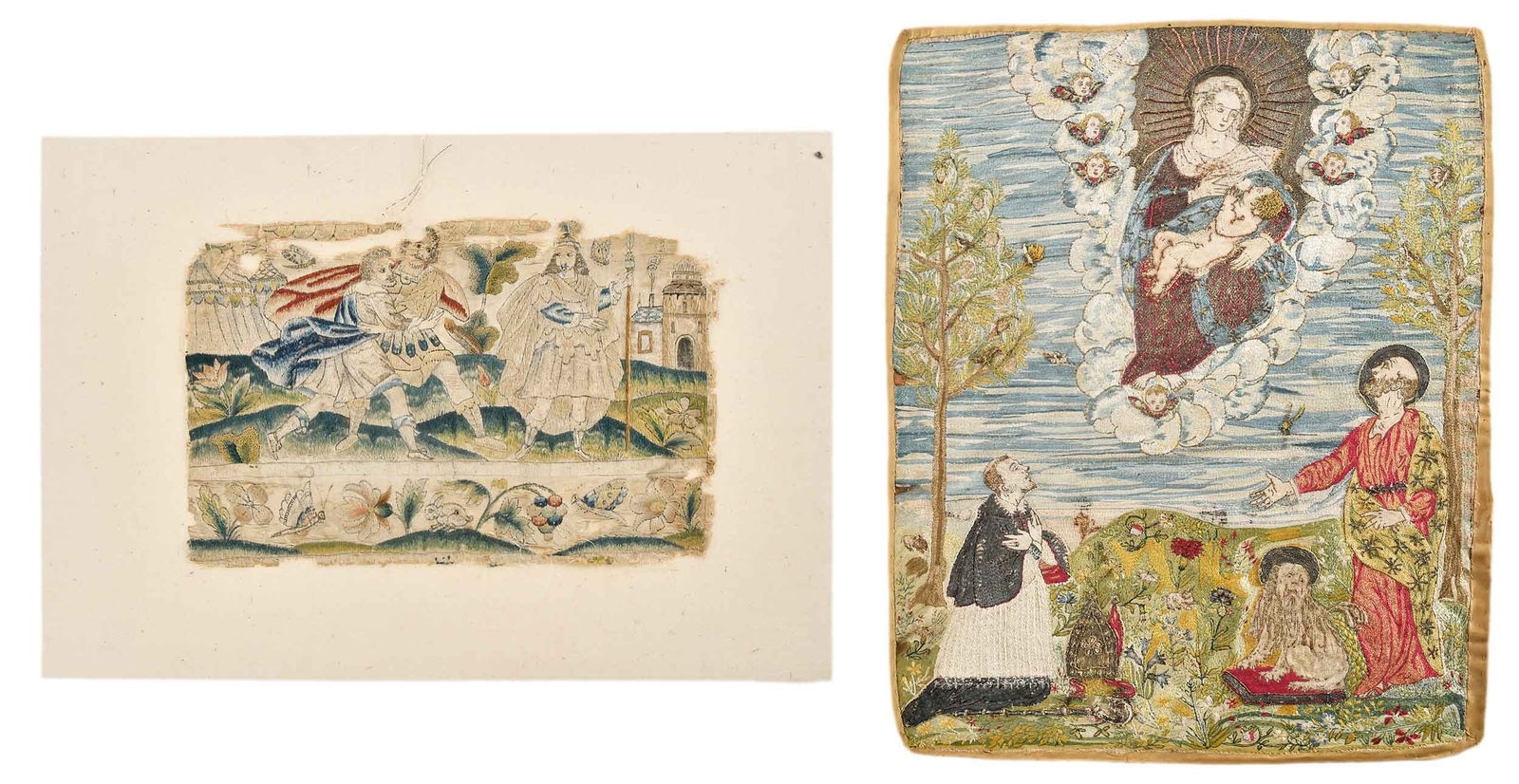 Two European 17th Century Biblical Embroideries: Italian, scene featuring Madonna and Child, silk, metallic, and cotton thread on linen, 14-1/4 x 11-3/4 in.; English, Jacobean biblical or allegorical scene with three figures, silk needlework