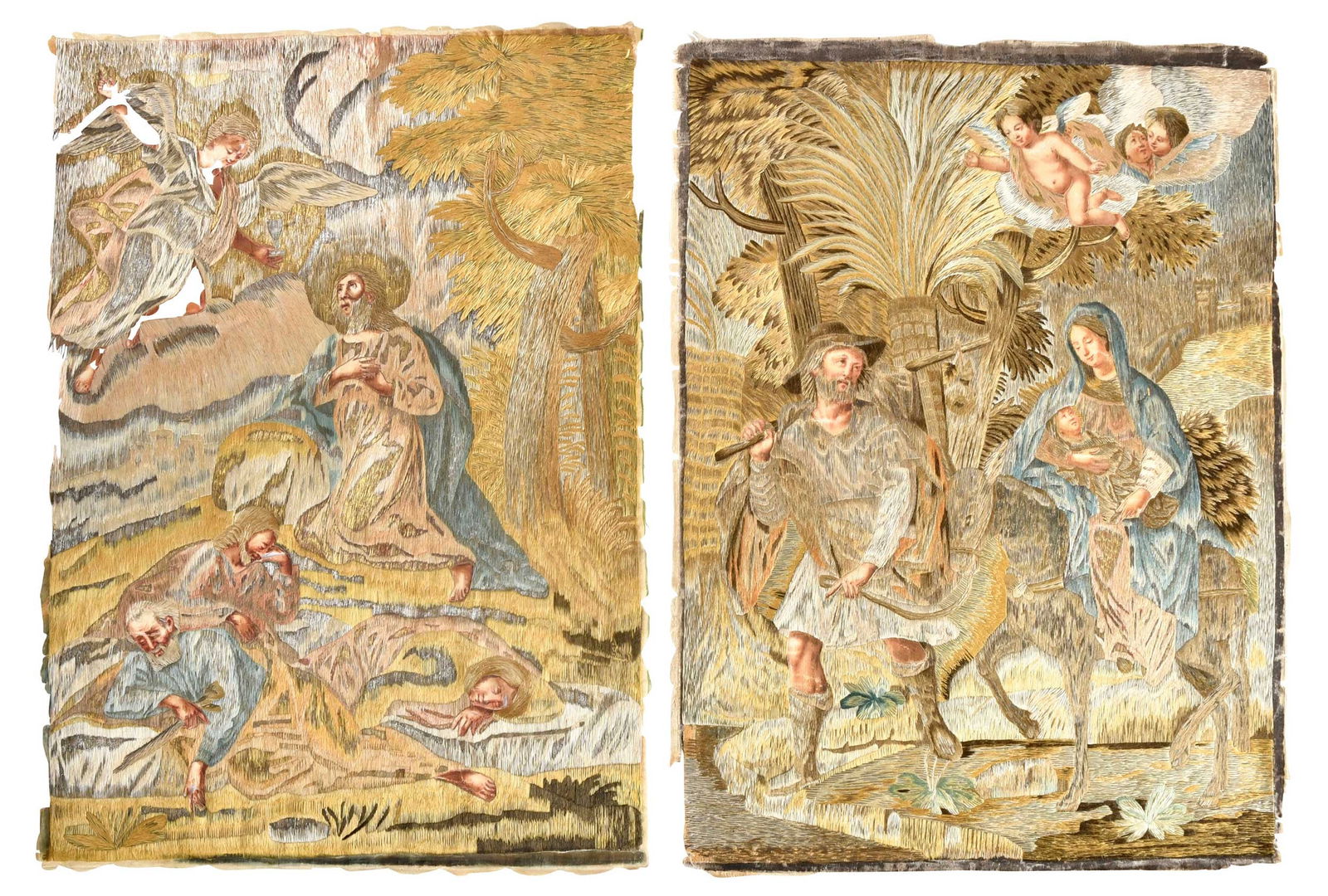 Pair of Italian Biblical Embroideries: 18th century, silk and metallic thread on silk background with hand painted hands and faces, each approx. 19-7/8 x 14-1/2 in.; unframedProvenance: Elizabeth Beasley Alexander of New York, NY; 1929,