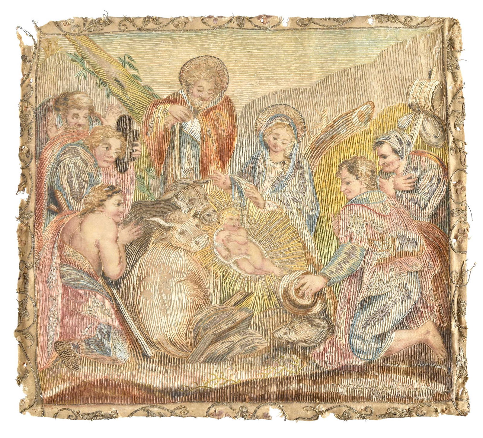Italian 17th Century Embroidery, Adoration of the Shepherds: silk and metallic thread on linen ground, figures with painted faces, 12 x 13-1/4 in.; unframed Provenance: Gift of Elizabeth A. Alexander, Henry M. Alexander, and Frederick B. Alexander in memory of
