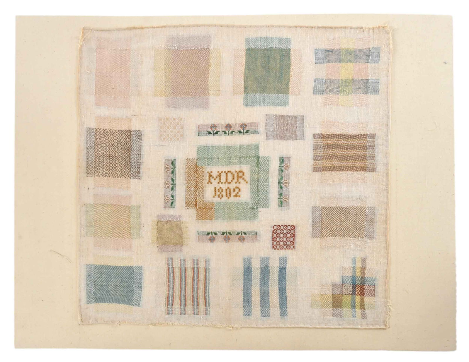 Large Dutch Darning Sampler: signed with initials "MDR" and dated "1802", with 18 unique darning patterns, silk on linen, square eyelet, darning, and needleweaving stitches, 19-1/5 x 19-1/2 in.; unframed Provenance: 1932, gift of