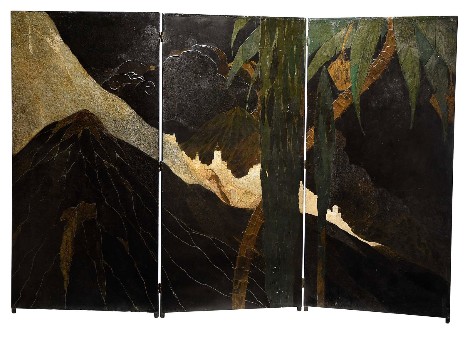 Gaston Priou Art Deco Room Screen: (French, 1913-1982) Spanish tropical mountain landscape on a three panel screen, circa 1930, polychrome lacquer, crushed egg shells (coquille d'oeuf), gold leaf/powder, gesso on plywood support, brass