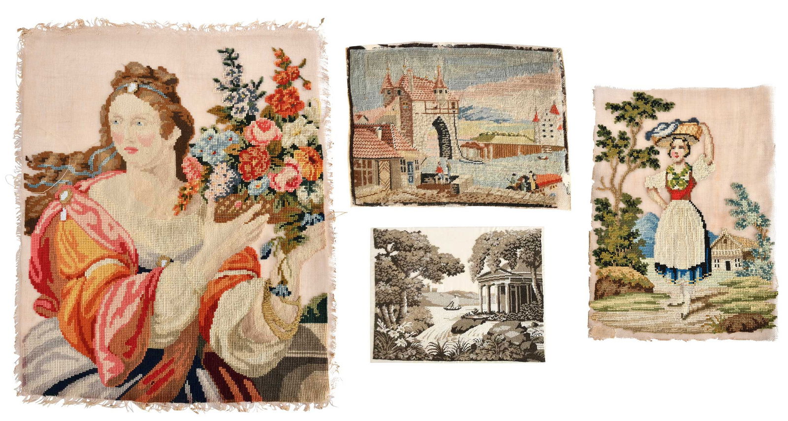 Four 19th Century Needlework Pictures: Continental/American, comprising: city scene; architectural scene with boat; woman carrying a basket; portrait of a seated lady; largest 17-1/4 x 14 in.Provenance: Property from the Brooklyn Museum