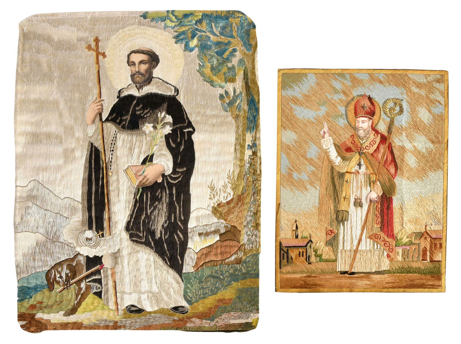 Two Italian Silk and Watercolor Needlework Pictures of Saints: 19th century, one depicting St. Dominic with a hound and one depicting a bishop saint holding a crozier, larger 16 x 12-1/4 in., unframedProvenance: Gift of Margaret S. Bedell of Catskill, NY, to the