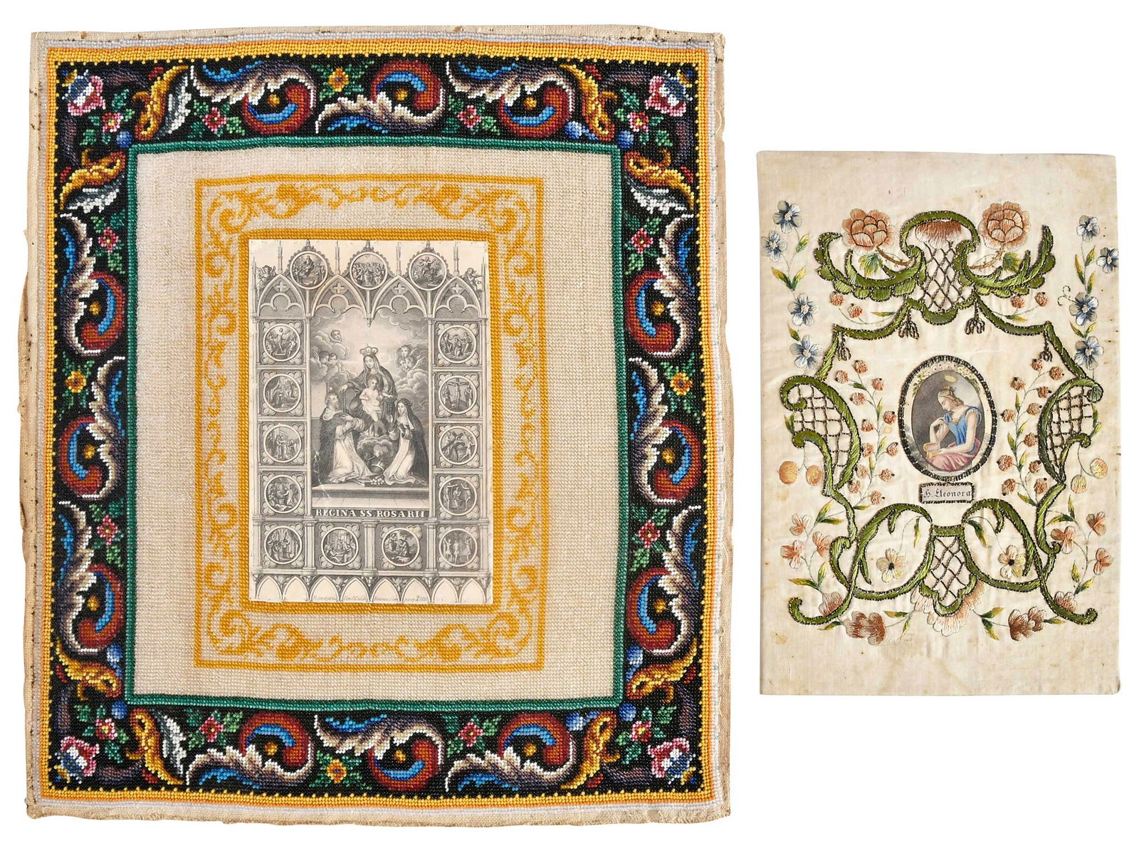 Two Italian 19th Century Prints of Saints with Textile Borders: print of Madonna of the Rosary, inscribed along base "Romapress(?) l'inc.Luigi Banzo. con properta(?) 1855" within polychrome glass beadwork border, on linen backing, 13-1/8 x 12 in.; print of Saint