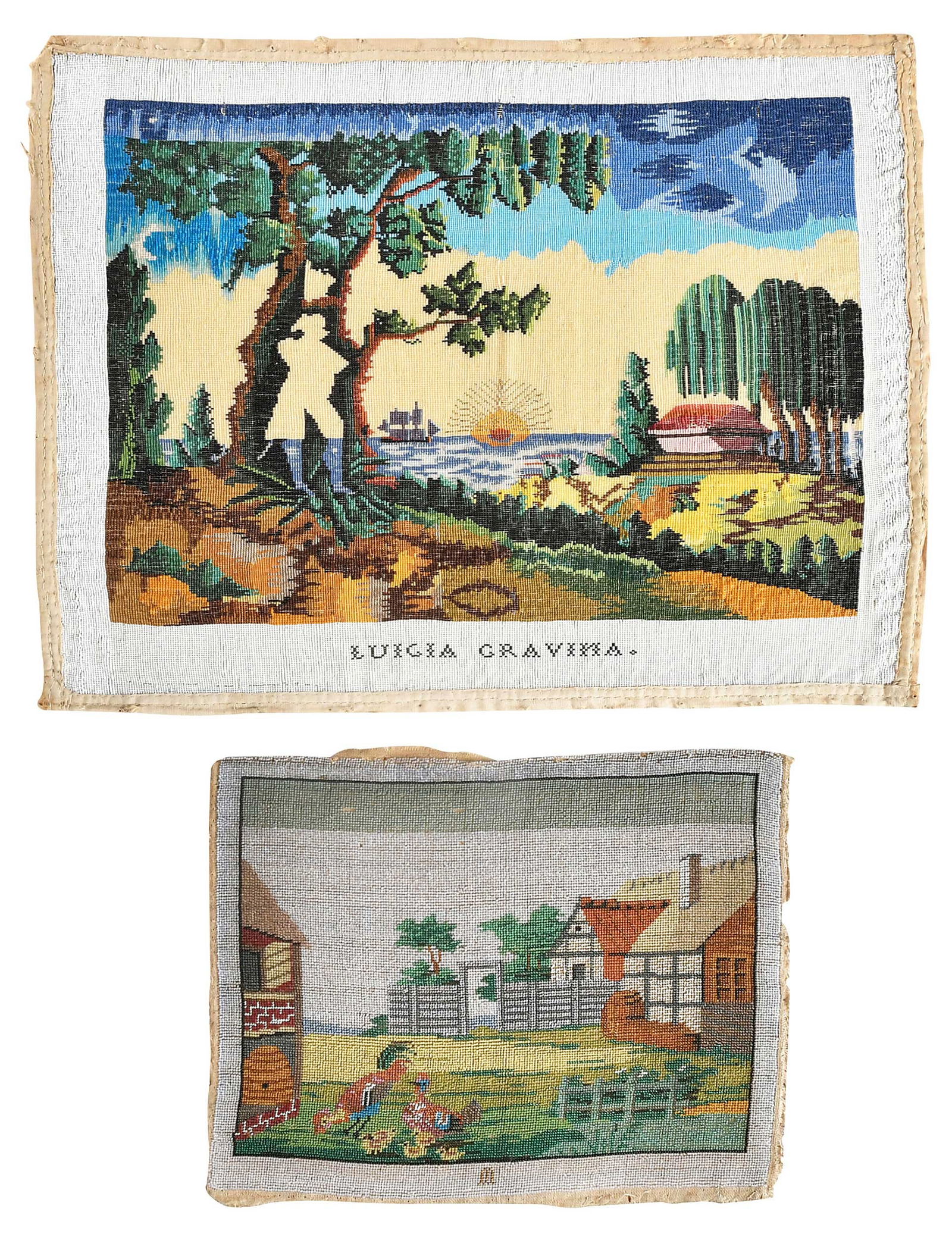 Two Italian Beadwork Pictures, Napoleon's Tomb and Barnyard Scene: 19th century, comprising: Tomb of Napoleon, inscribed to bottom border "Luigia Gravina", 14 x 18-3/4 in.; barnyard scene, initialed at bottom border "M", 9-1/2 x 11-1/2 in.Provenance: 1932, gift of