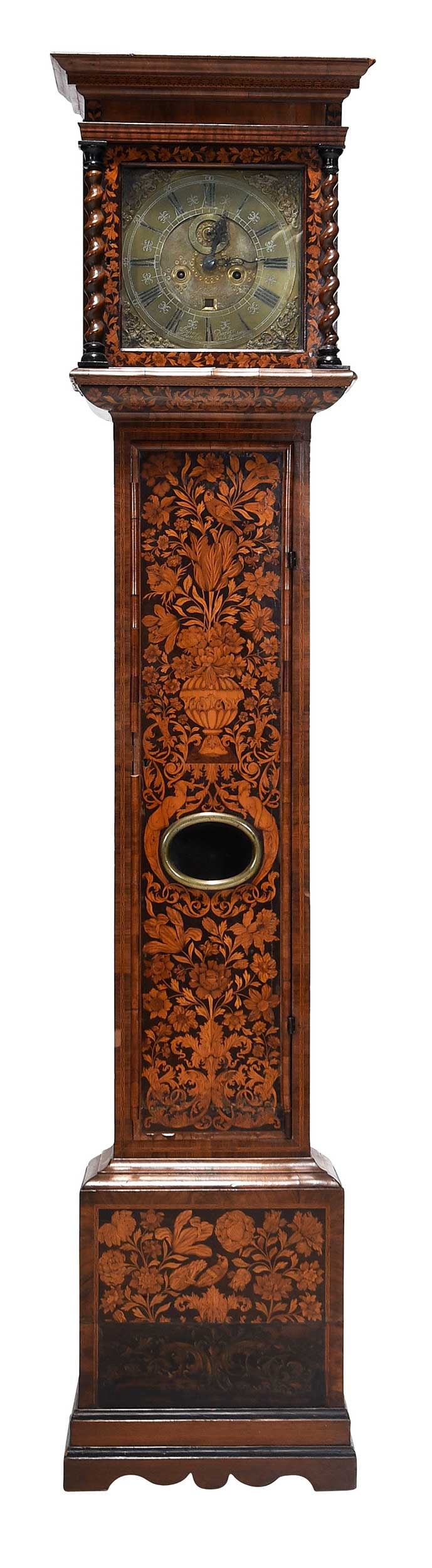 Very Fine William and Mary Inlaid Marquetry Tall Case Clock: British, 17th century, brass dial and eight day movement with seconds sweep set in a fine inlaid waisted case, dial signed "Jonas Barber at Ratcliffe Cross London", 82-1/4 x 19 x 10-1/4
