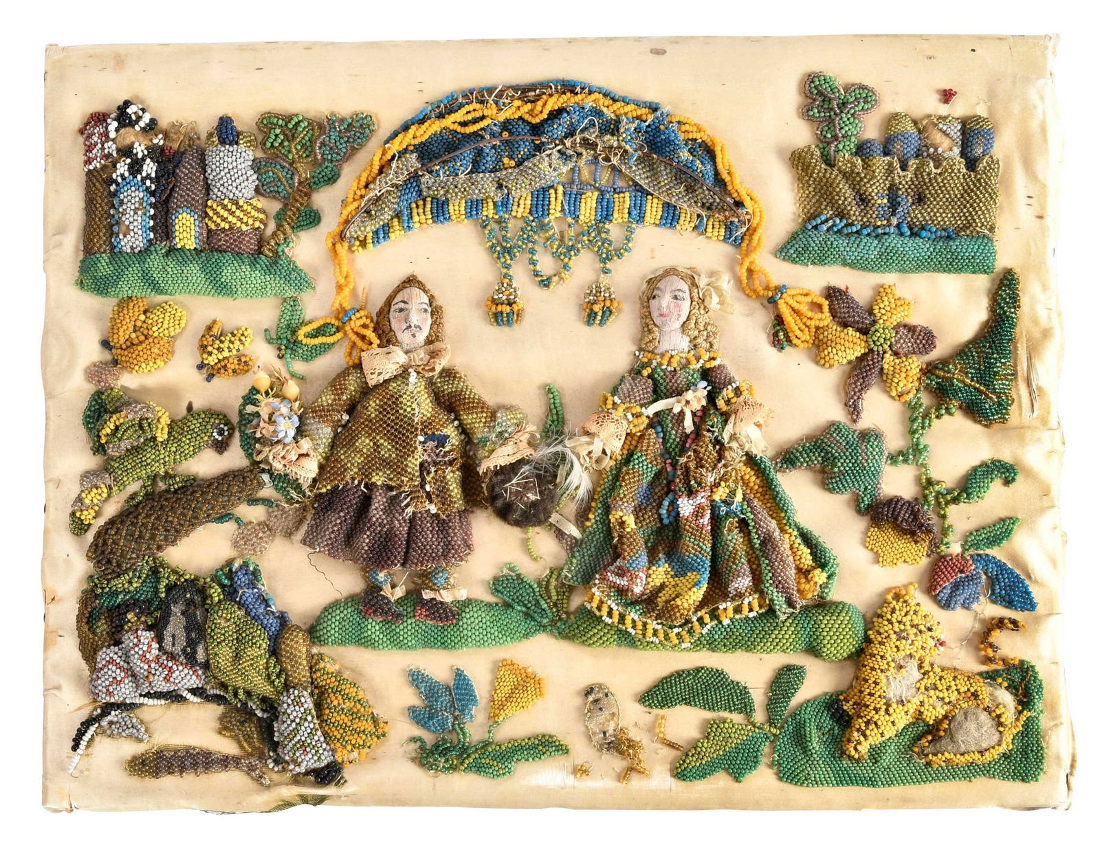 Charles II Beadwork Embroidery, Charles II and Catherine of Braganza: English, 1663-1689, unframed, depicting the King and Queen amongst floral and foliate motifs, raised beaded work with various beading techniques, figures with bobbin lace trim, approx. 10 x 13 x 1