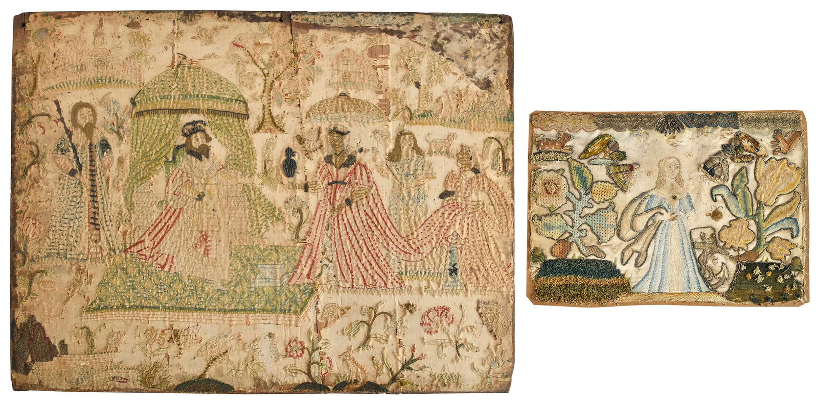 Two Charles II Embroidered Pictures, featuring Henrietta Maria: silk and silver metallic thread on silk ground, comprising: embroidered picture depicting Charles II and Henrietta Maria as Solomon and the Queen of Sheba, on original mounting board, 15-1/4 x 20-1/4