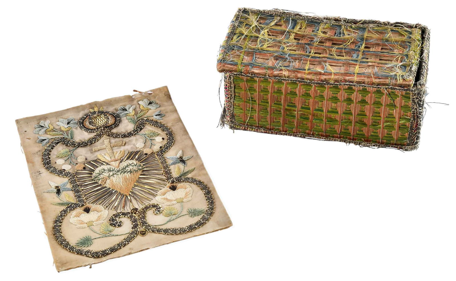 Silk Prayer Book Box and Embroidered Sacred Heart: English, 17th century, silk and silver thread embroidered wood prayer book box, 2-1/4 x 5-1/2 x 3-1/8 in.; possibly German, late 18th century, silk and silver thread embroidery of the Sacred Heart, 6