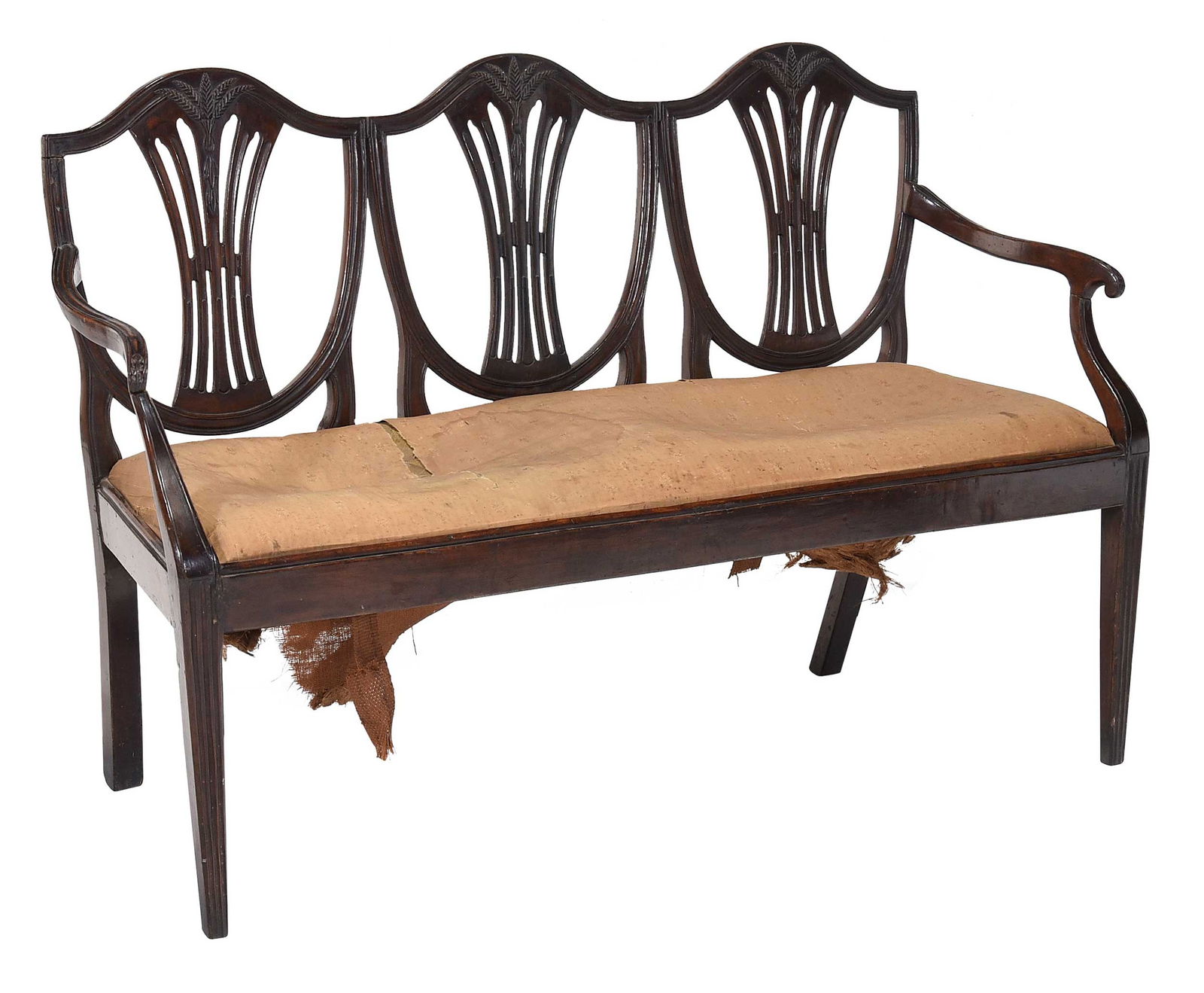 Hepplewhite Carved Fruitwood Shield Back Settee: British, circa 1800, three shield back, crest rails carved with wheat, acanthus carvings to end of scrolled arms, 37 x 55-1/2 x 21 in.Provenance: This set was lent to Lefferts Homestead on May 7,