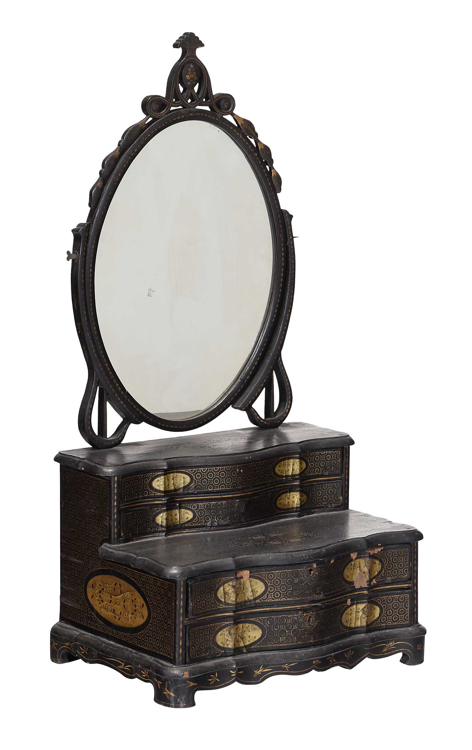 Chinese Export Lacquer Decorated Dressing Glass: early 19th century, lacquered and gilt decoration, rotating mirror over stepped base with four drawers, 33 x 16-3/4 x 12 in.Provenance: Purchased from Rains Auction Rooms, New York, NY, November 30,