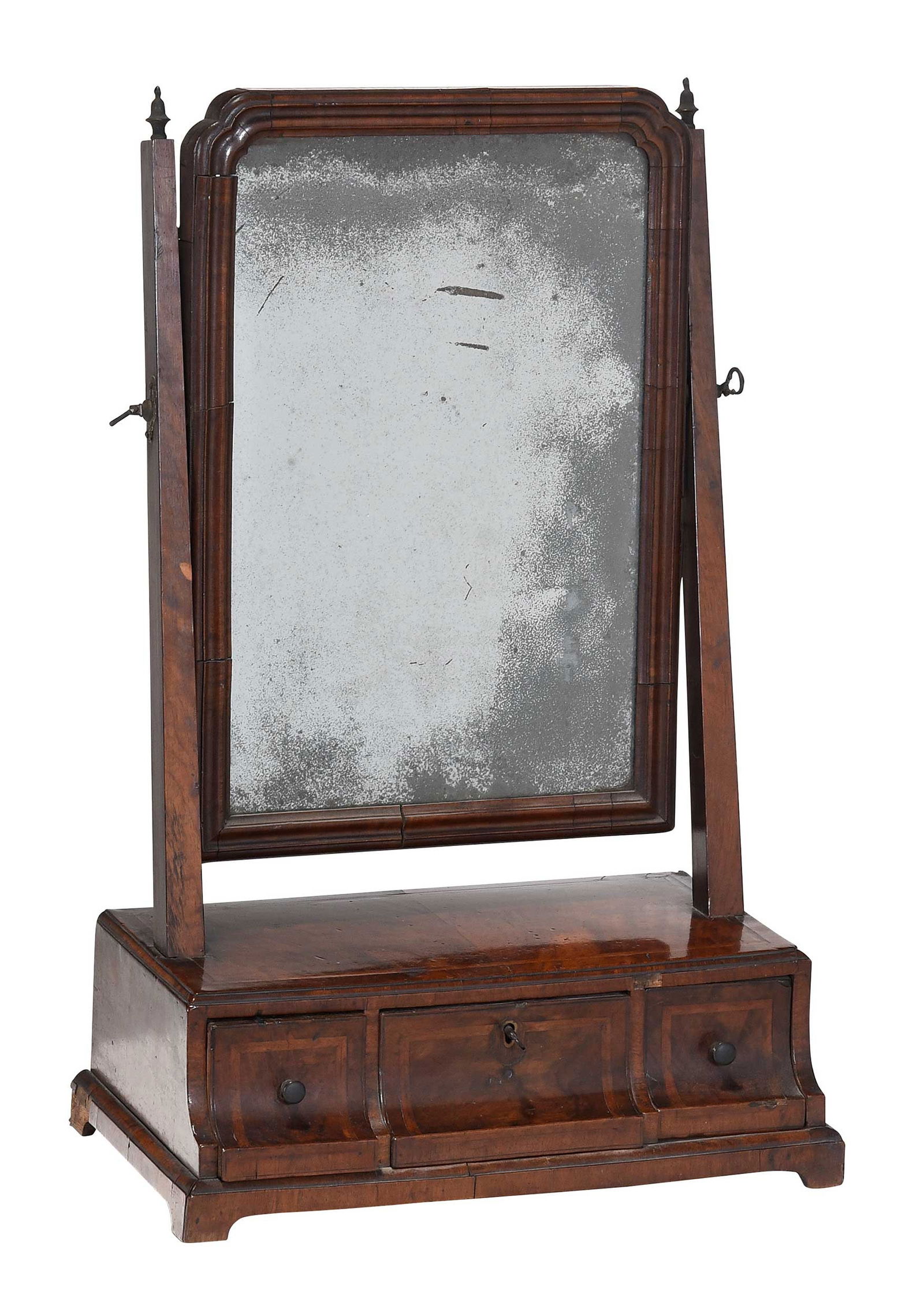 Fine Early Georgian Figured and Inlaid Walnut Dressing Glass: British, 18th century, rotating mirror with likely original distressed plate, the base with three dovetailed drawers with walnut secondary wood, 23-1/2 x 15 x 8-1/2 in. Provenance: Property from the B