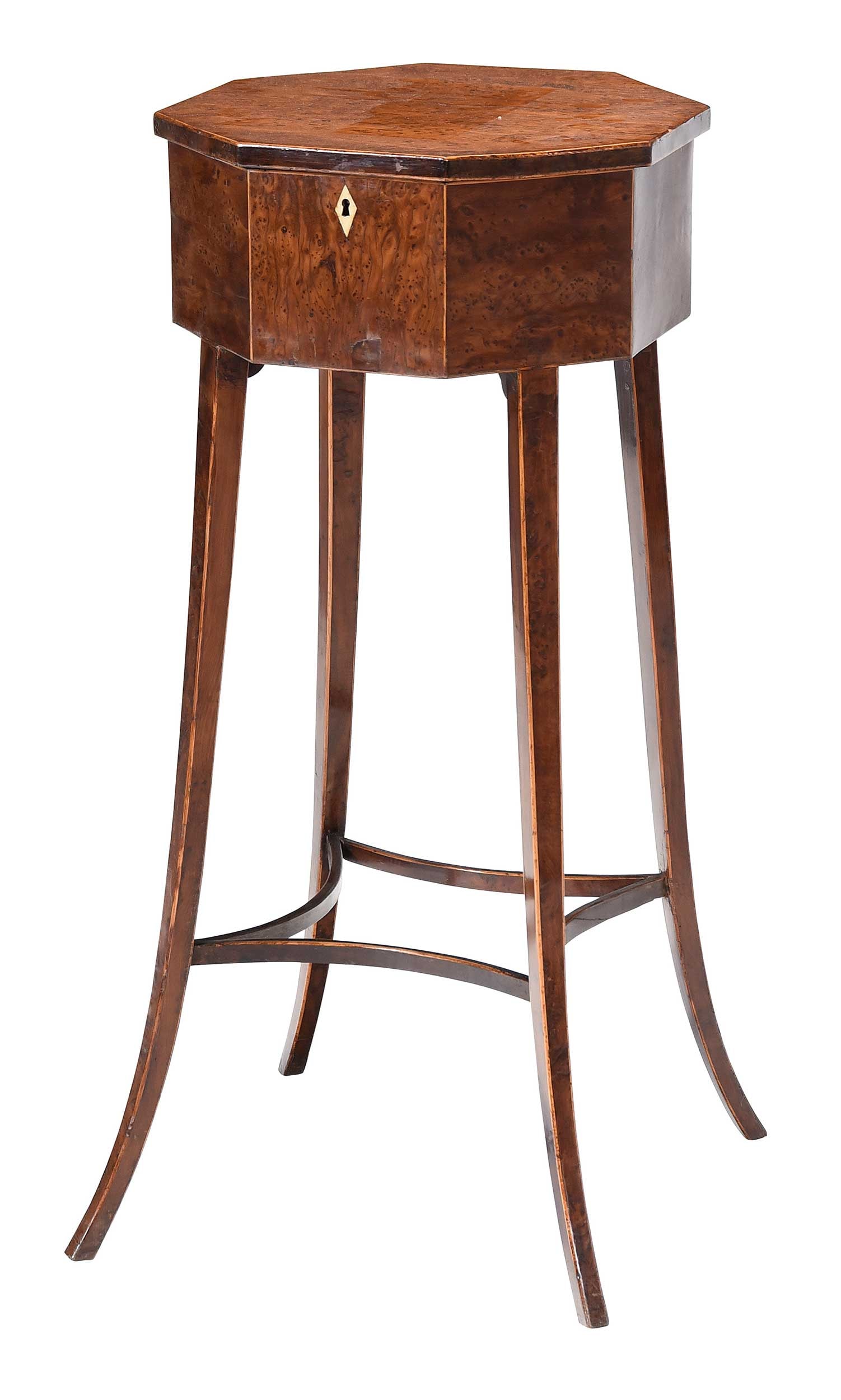 George III Inlaid Burl Ambonya Octagonal Teapoy: British, late 18th century, ambonya veneer and other mixed woods, highly figured veneers throughout, fitted interior, outswept legs with stretcher, 32 x 22-1/4 x 22-1/4 in. Provenance: Gift from Danie