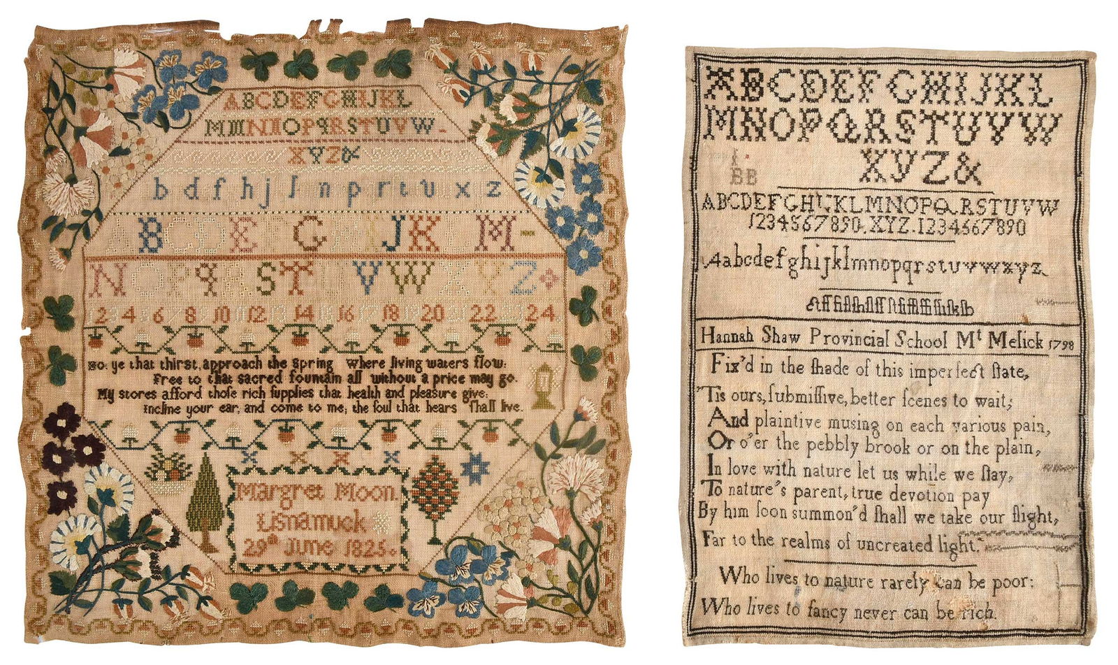 Two Signed and Dated Irish Needlework Samplers: silk on linen, both unframed, comprising: signed and dated "Hannah Shaw Provincial School Mt Melick 1798", with alphabets and verses surrounded by a narrow border, 16-1/4 x 11-1/2 in.; signed and date