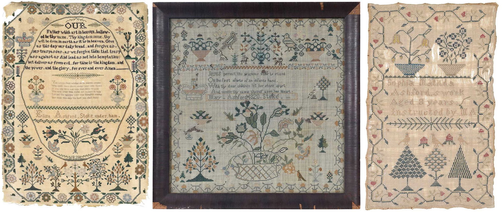 Three English Needlework Samplers, Ashford Family: 19th century, silk on linen, comprising: framed sampler signed and dated "Mary Ashford/1820/Stoke", in carved wood frame, 14-1/4 x 14-1/4 x 3/4 in.; sampler signed "Eliza Ashford. Stoke. under. Ham./1