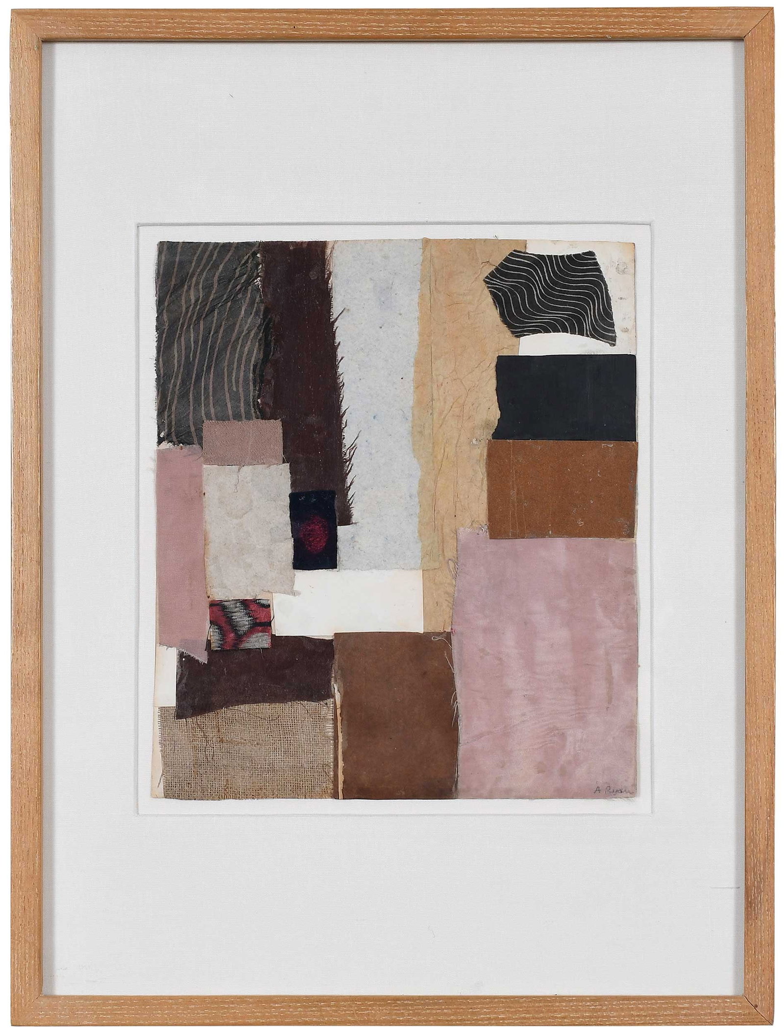 Anne Ryan, Collage: (New Jersey, 1889-1954) No. 594, 1950, signed lower right "A. Ryan", fabric, paper and sandpaper collage on paper; 9-1/8 x 7-7/8 in; modern wood frame, 16-1/2 x 12-1/2 x 1-3/8 in. framed Provenance: E