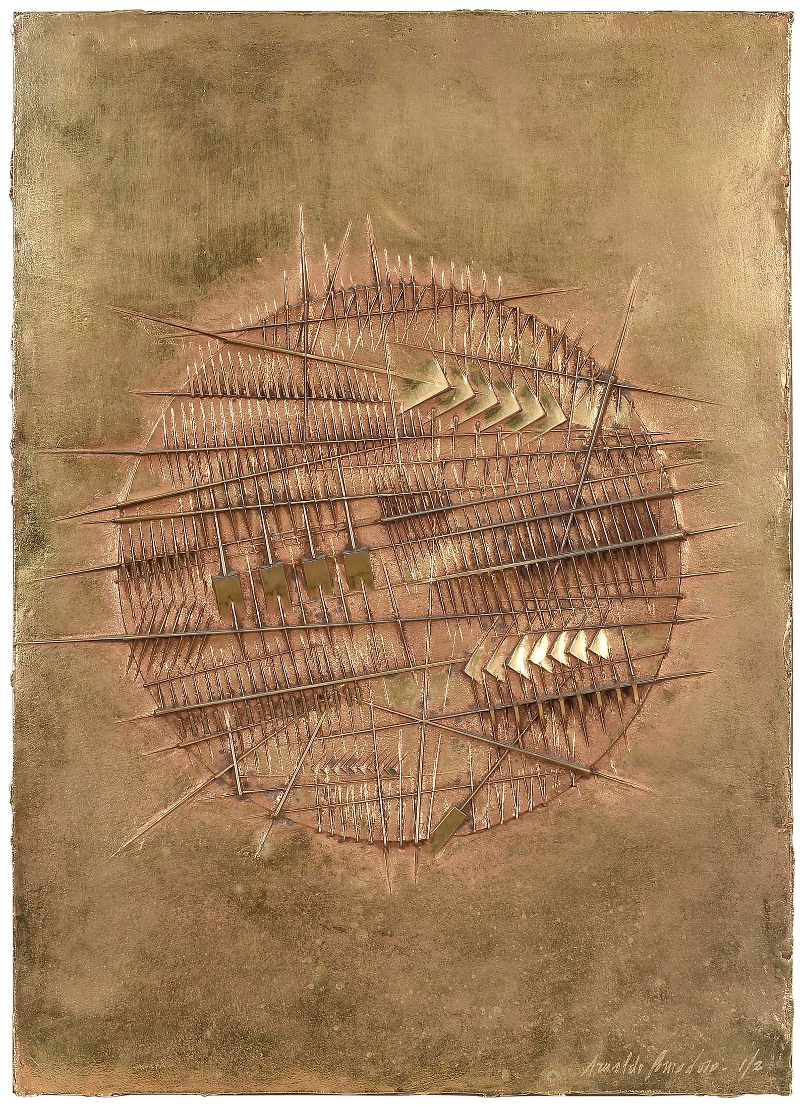 Arnaldo Pomodoro, Solar Page: (Italian, 1926-2025) Pagina Solare (A.P. 704), circa 1982, edition 1/2, signed lower right "Arnaldo Pomodoro", bronze with gold patina mounted on panel, 23-1/2 x 17 x 1-3/4 in. Provenance: Christie's