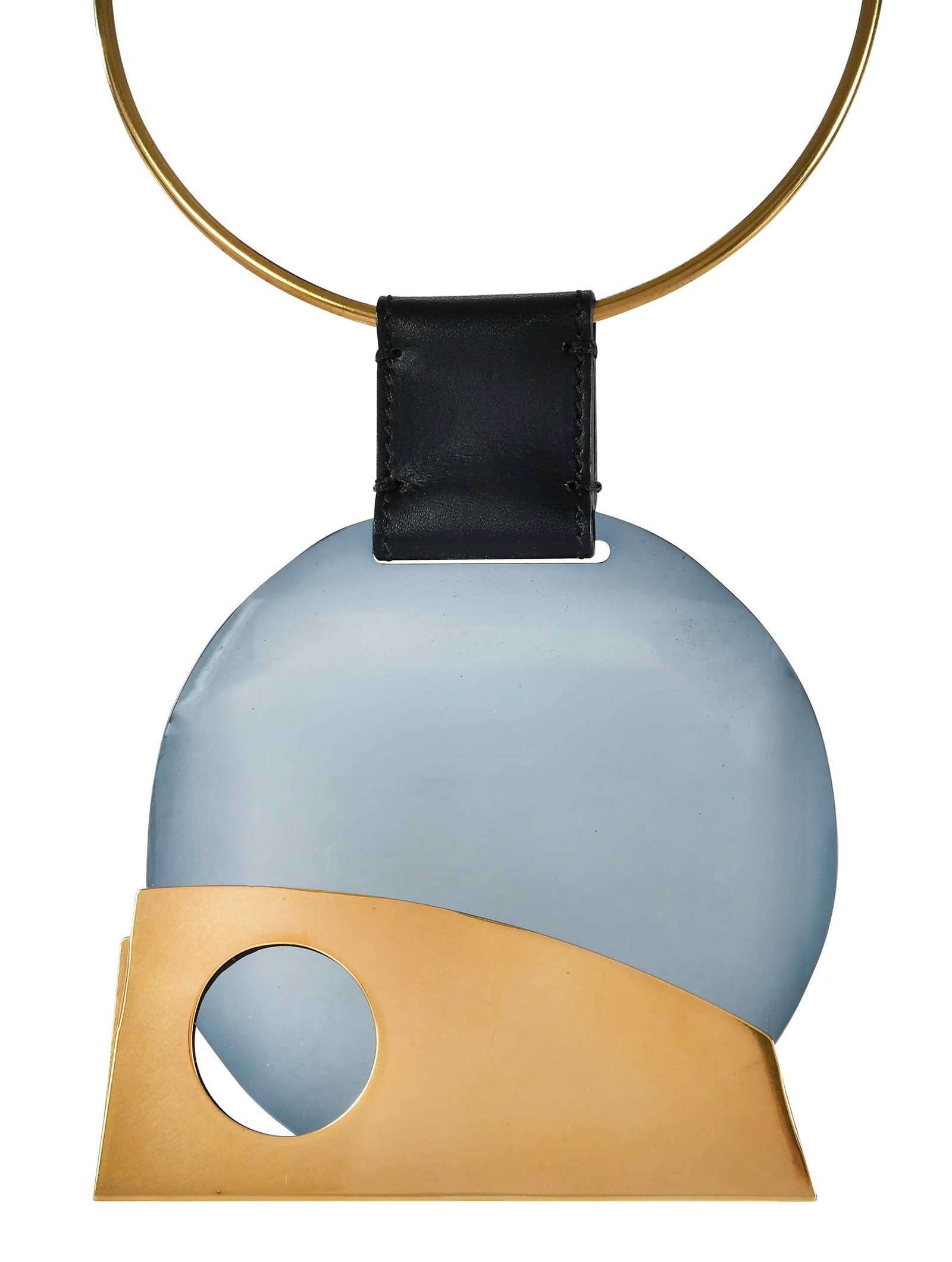 Tom Ford Gold Black Circle Pendant Necklace: gold tone, accents, black acrylic circle, black leather bail, signed "Tom Ford, Made in France", hook clasp, 5-1/2 in. drop length, 4-1/4 in. width, 4.0mm wire, gold tone, 15-1/2 inside measurements,