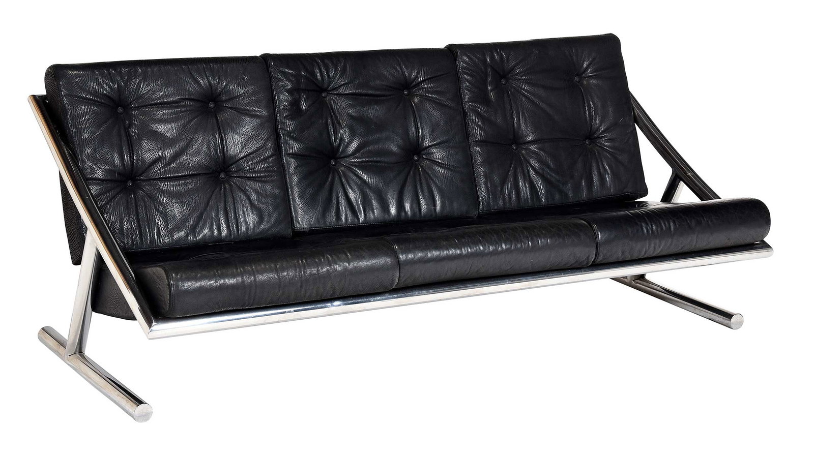 Plato Ginello Italian Modernist Sofa: circa 1970, chromed tubular steel frame, tufted black leather cushions, unsigned, 27-1/2 x 76 x 33 in., seat height 17 in.