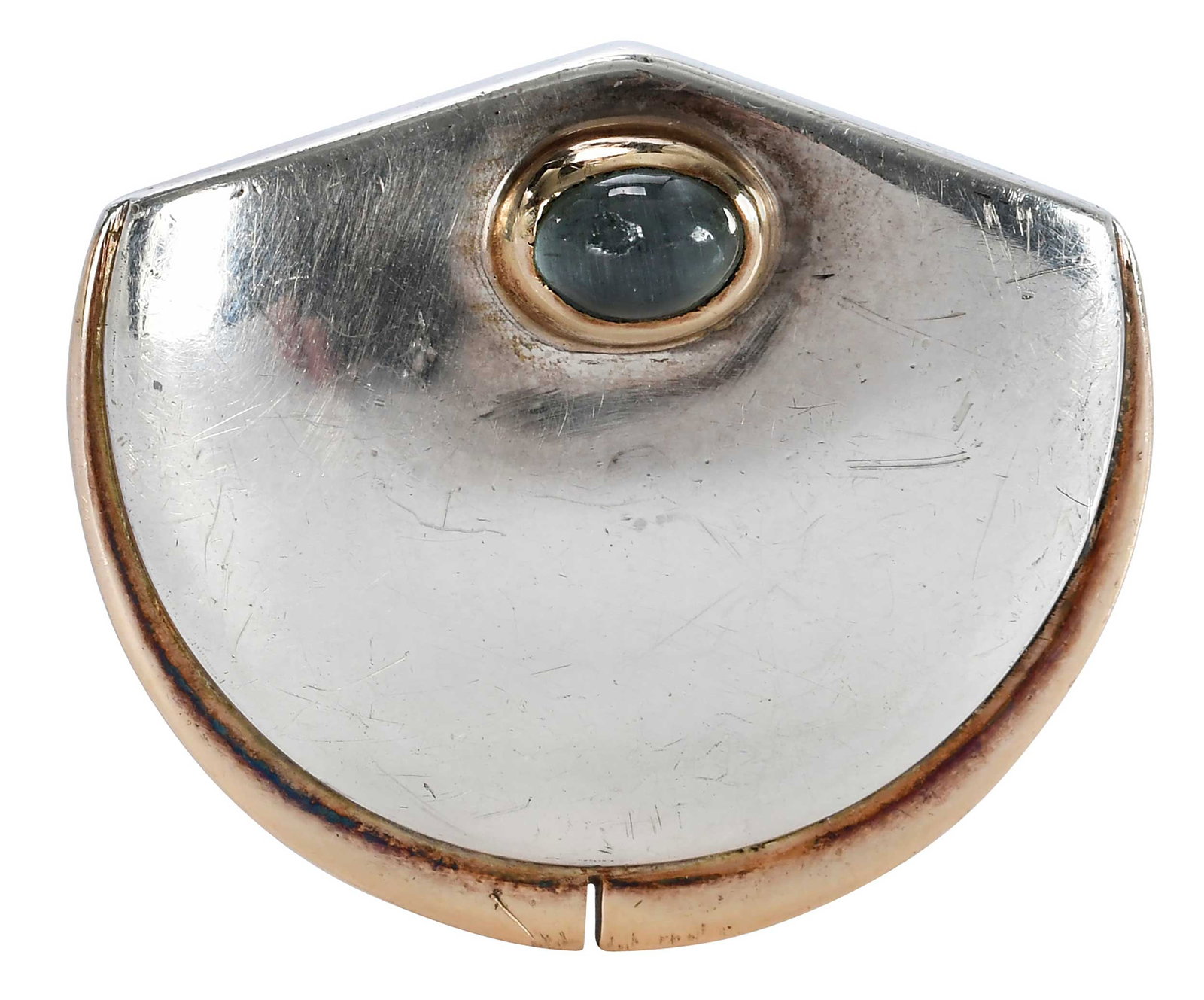14kt. and Sterling Silver Mojica Ring with Tourmaline: oval cabochon cut light blue grey tourmaline, signed Mojica, marked "14k, silver", yellow gold and sterling silver, ring size. 5-1/2, 1-1/8 in. wide, 1 in. length, 20.5 g Provenance: Private Collectio