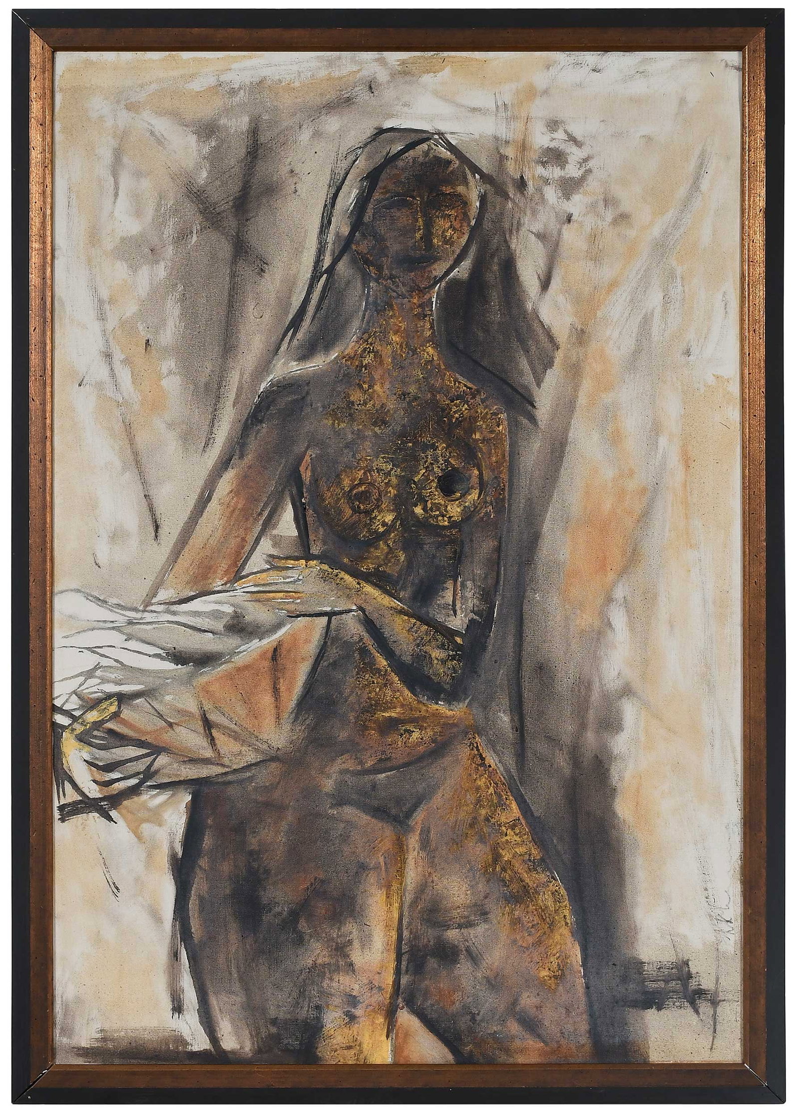 Krishen Khanna, Woman with Basket: (Indian, born 1925) Nude carrying a basket, circa 1958, signed vertically lower right "K Khanna", oil on canvas, 38-3/8 x 26 in.; parcel gilt and painted wood frame, 41-3/8 x 29-1/8 x 1-1/4 in. Proven