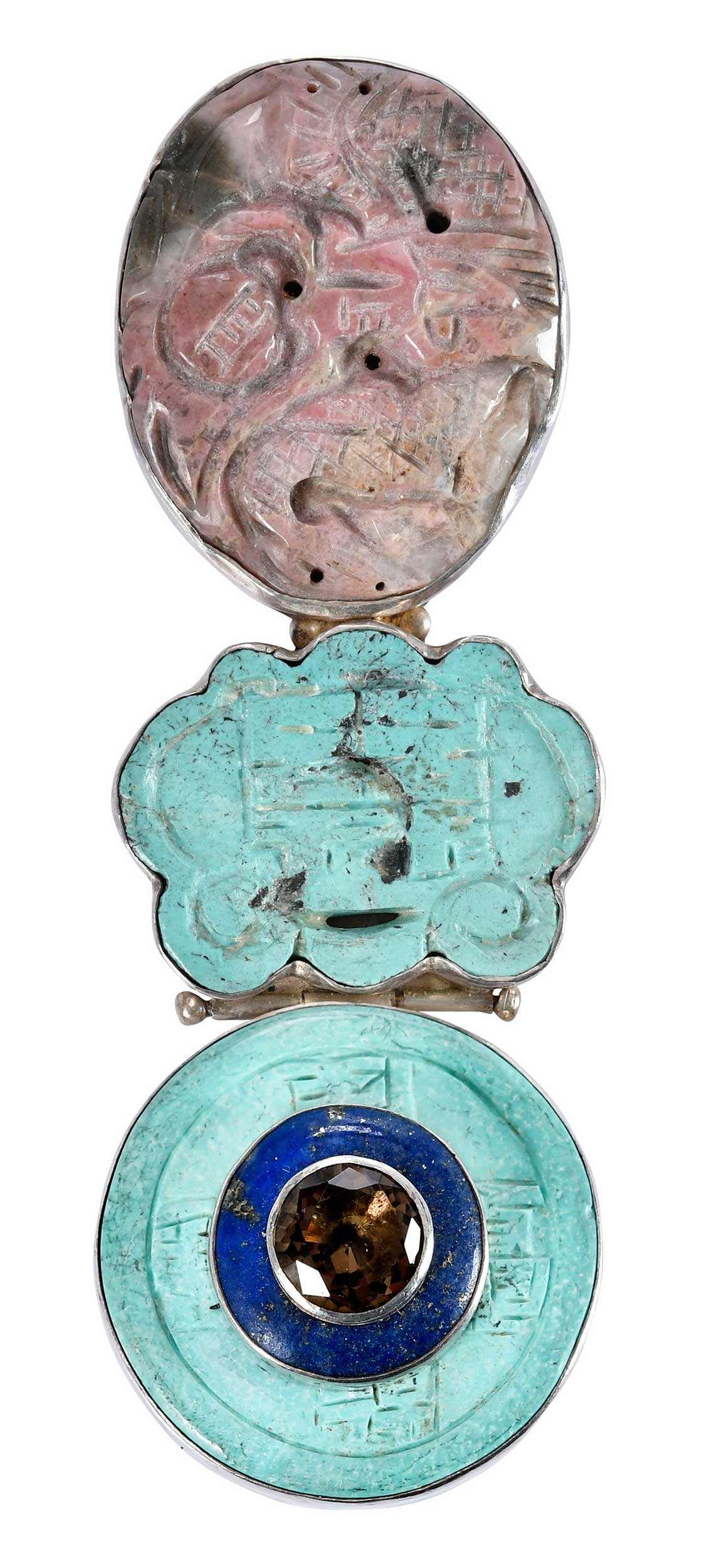 Sterling Silver Large Statement Pendant Brooch by Darla N. Nordstrom: two carved pieces of turquoise, and one carved rhodochrosite, circular lapis lazuli, round faceted smoky quartz, marked "925, DARLA N", sterling silver, 4-5/8 in. length, 1-1/2 in at widest area, 86.6