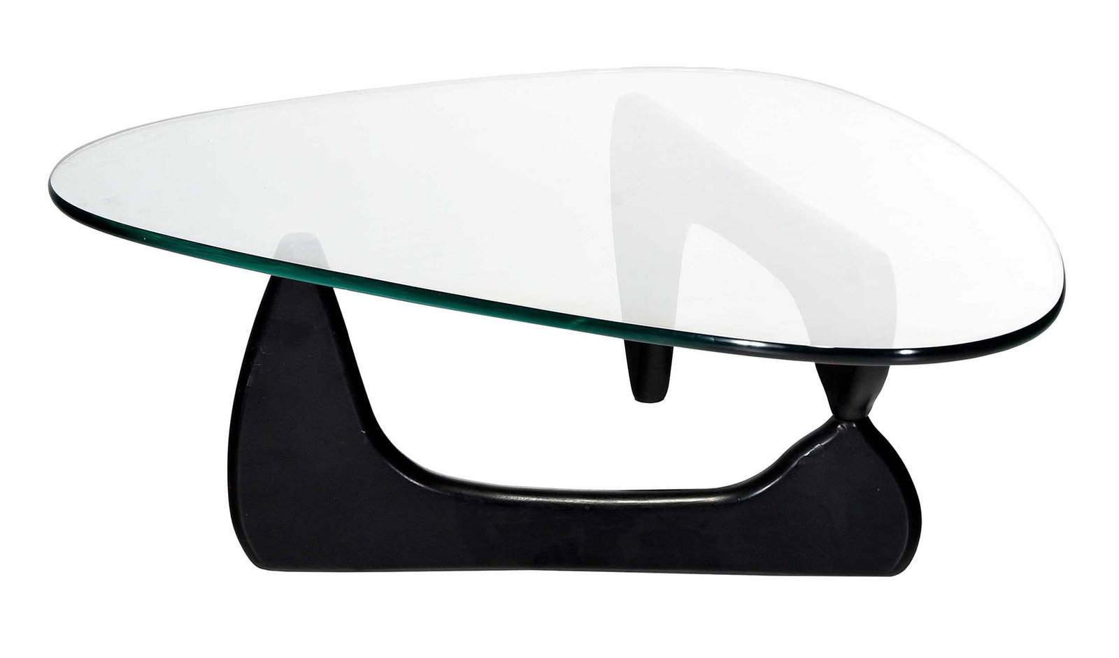 Mid Century Modern Isamu Noguchi For Herman Miller Coffee Table IN-550: mid 20th century, American, asymmetrical thick glass top on ebonized sculptural two piece base, 15 x 49-1/2 x 37-1/4 in. Provenance: Private Collection, Flat Rock, North Carolina