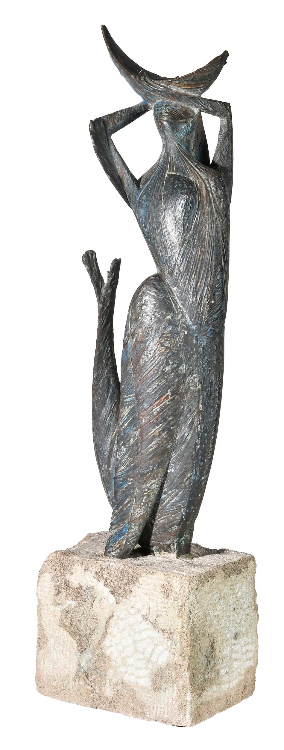 Olivier Strebelle, Sirene I: (Belgian, 1927-2017)circa 1953, unsigned, patinated and polychromed bronze, 20-1/2 x 4-1/3 x 6-1/3 in., on a rough hewn granite base, 6 x 7-1/2 x 5 in.Provenance: Private Collection, Highlands, North
