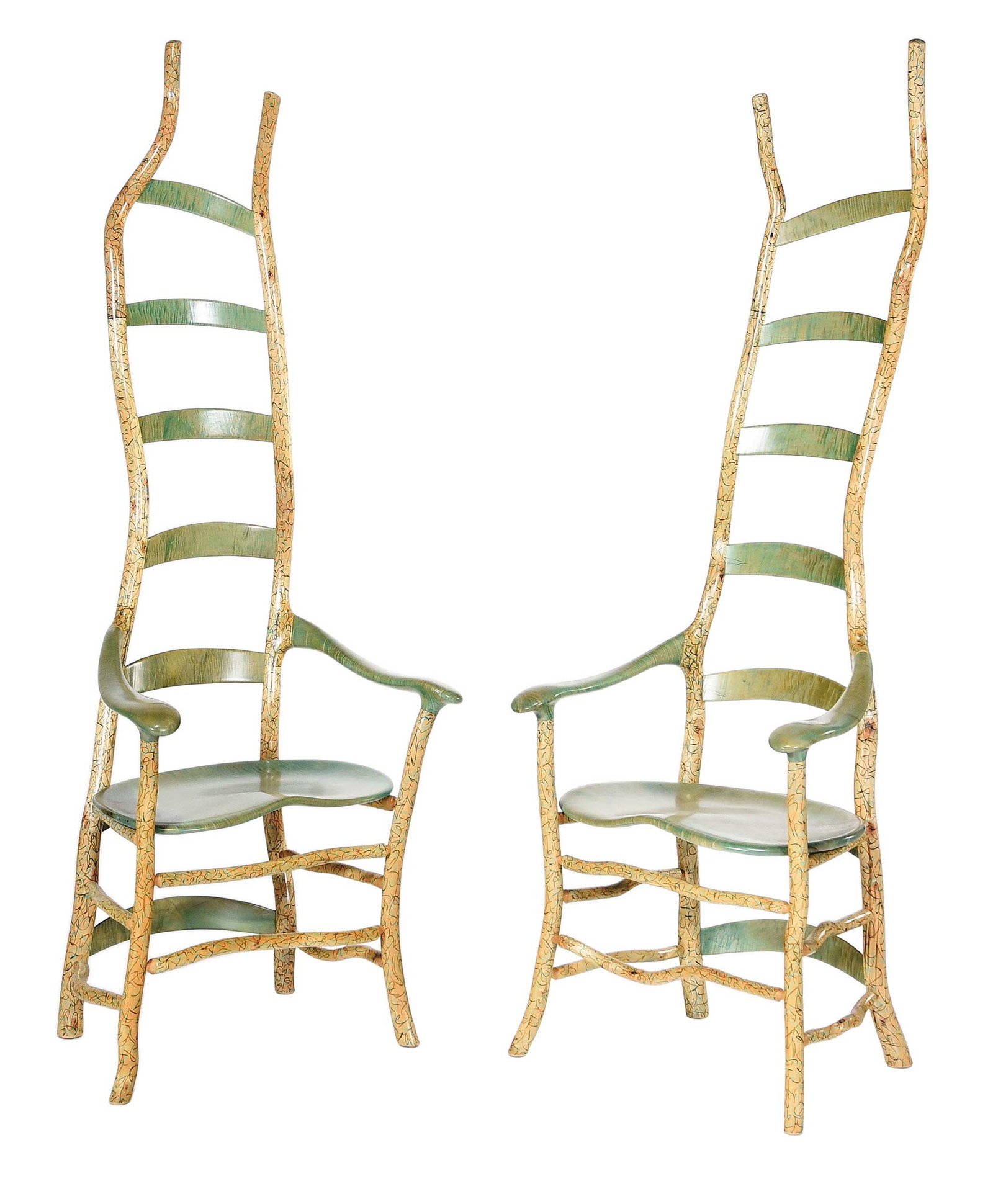 Pair of Jon Brooks Studio Craft Picton River Chairs: 2002, maple, asymmetrical, each chair with difference in shape, blue stained arms, back, and seat; black and blue squiggle painted stiles, legs, and stretchers; rear leg signed "Jon Brooks 02" in blac