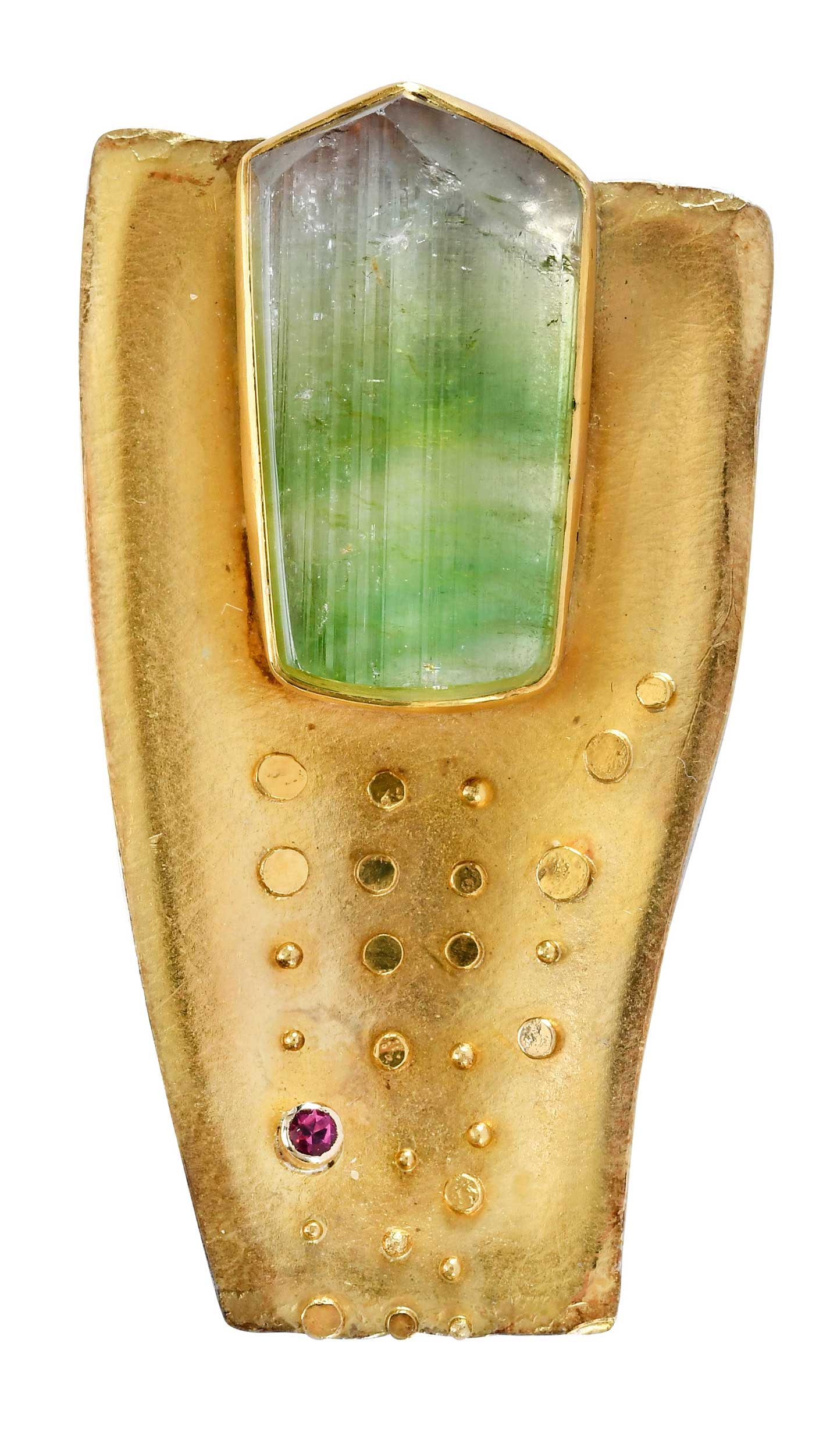 22kt. and Sterling Sydney Lynch Watermelon Tourmaline Brooch: organic shaped watermelon tourmaline, round full cut tourmaline, signed "Sydney Lynch, Sterling, 22kt", yellow gold, 2-3/8 in. length, 1-1/4 in. widest area, 28.2 gProvenance: Private CollectionNote: