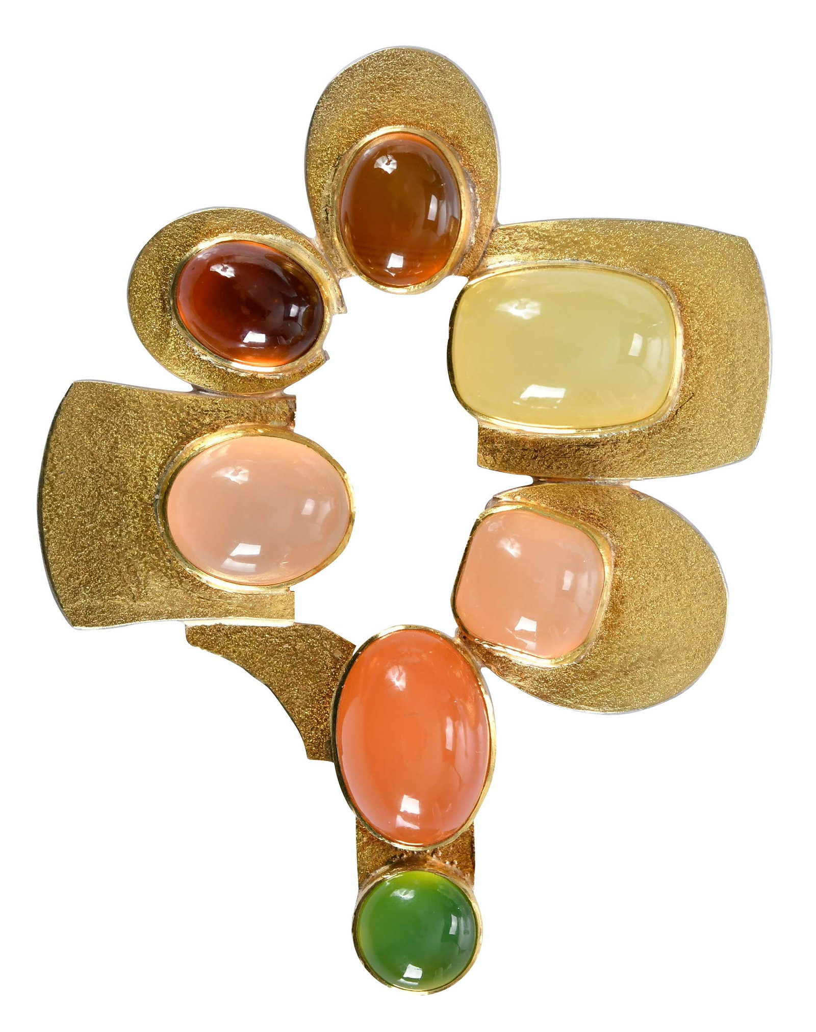 22kt. and Sterling Multi Colored Chalcedony Brooch: six multi colored cabochon chalcedony, one oval cat's eye peach chalcedony, marked "22kt gold, Sterling", yellow gold vermeil, 1-7/8 in. length, 2-3/8 in. at widest, 22.2 g Provenance: Private Collect