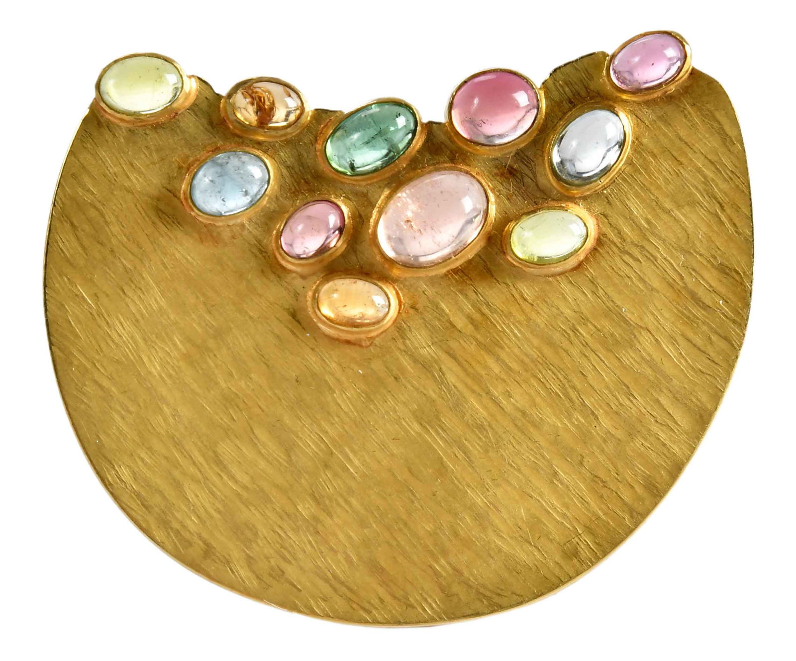 18kt. Multi Colored Tourmaline Textured Brooch: 11 oval multi colored tourmaline cut cabochon gemstones, graduating in size, approx. 5.5mm x 4.0mm - 9.0mm x 7.0mm, not signed, tests 18kt. yellow gold, 2-1/4 in. in diameter, 21.8 gProvenance: