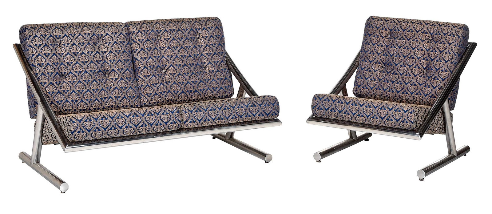 Plato Ginello Italian Modernist Settee and Chair: circa 1970, chromed tubular steel frames, beige on blue upholstery, sofa 31 x 51 x 34 in, seat height 16 in.