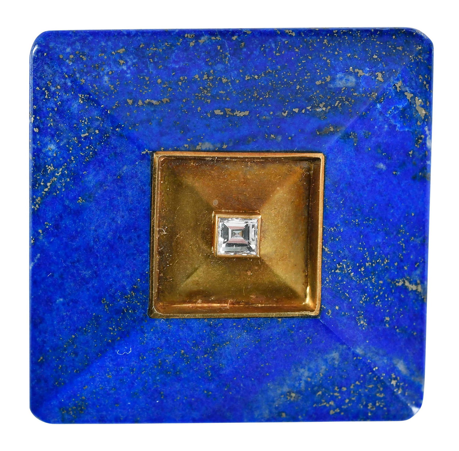 18kt. Tom Herman Lapis Lazuli and Diamond Brooch: square beveled lapis lazuli, 1-1/2in. x 1-1/2in., square step cut diamond, approx. 0.40ct., VS F-G, marked "18kt.", yellow gold, straight bar pin on back, 20.0 gProvenance: Private CollectionNote: