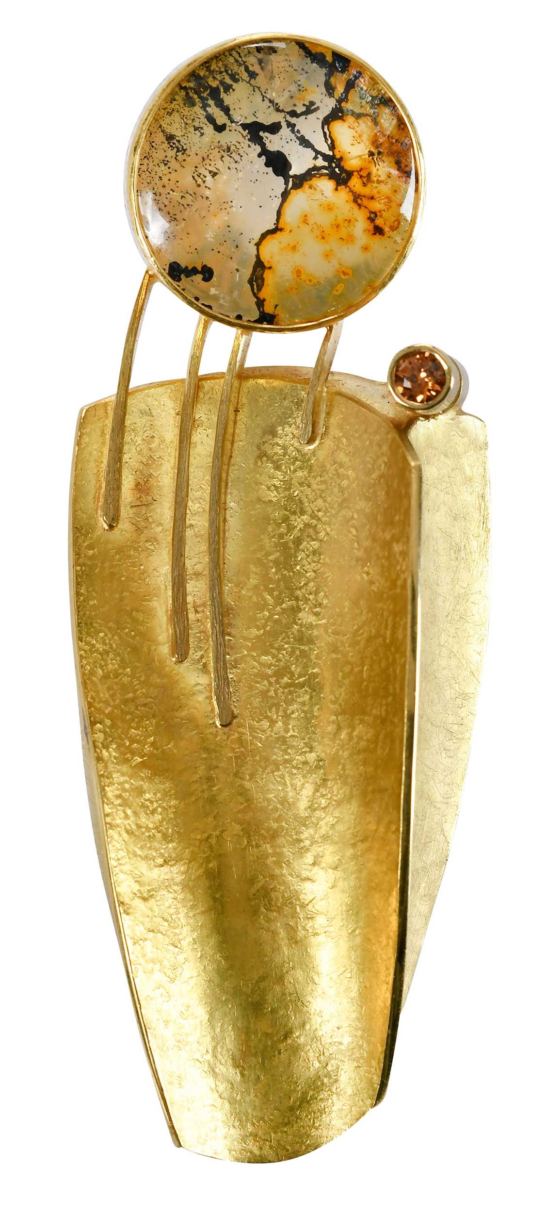 18kt. and 22kt. Wise 2x Wodabi #2 Brooch: round cabochon dendritic quartz, round full cut topaz, signed "WISE 2x", marked "A539, 18k, 22k, Wodabi #2", yellow gold, 3 in. length, 1-1/8 in. width, 32.2 gProvenance: Private CollectionNote: