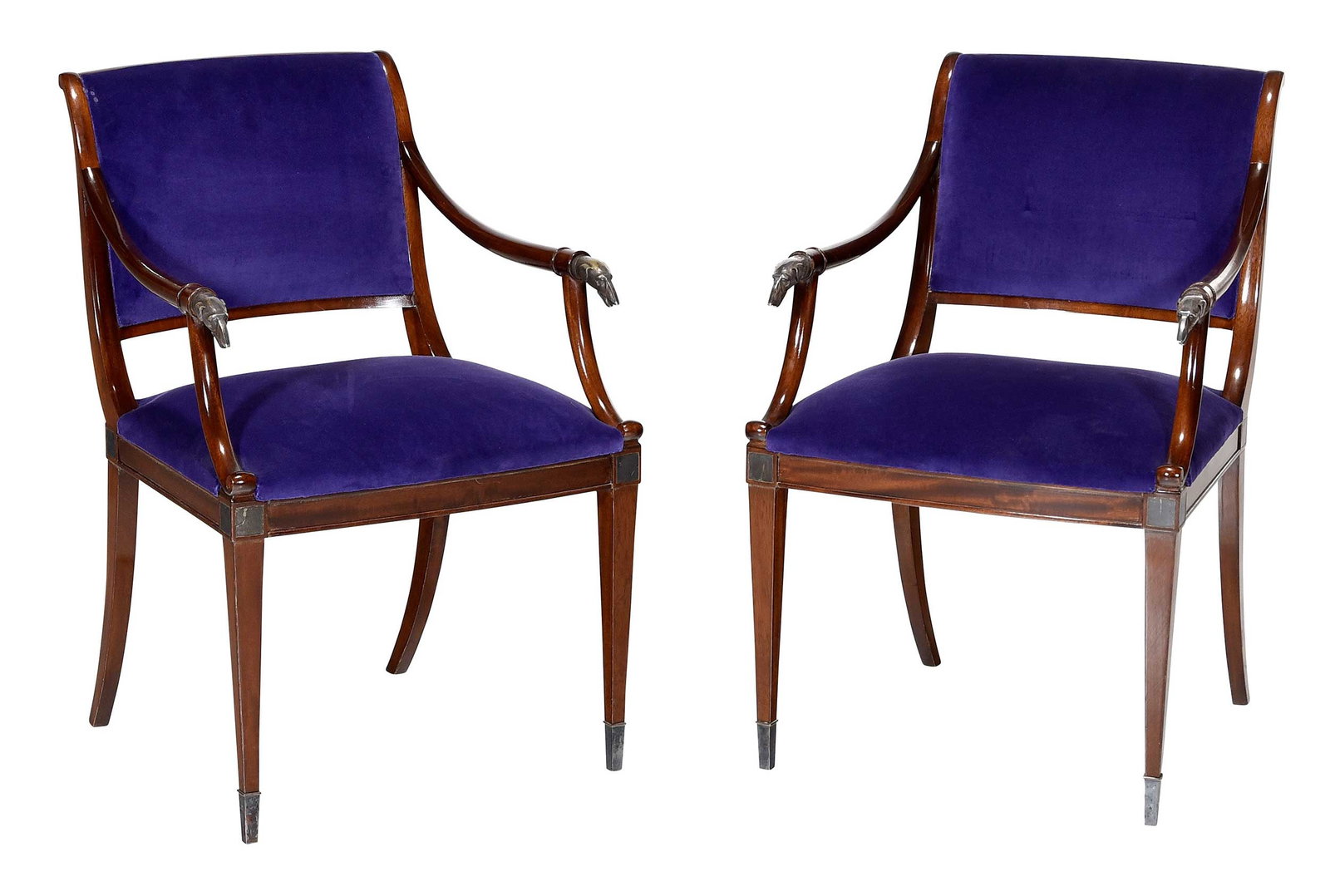 Fine Pair of Maison Jansen Attributed Greyhound Silvered Bronze Mounted Armchairs: 20th century, mahogany frames, upper legs with metal plaques , silvered bronze greyhound head arm termini, upholstered seats, 33-3/4 x 22 x 25 in., seat height 19 in. Provenance: Private Chicago Colle