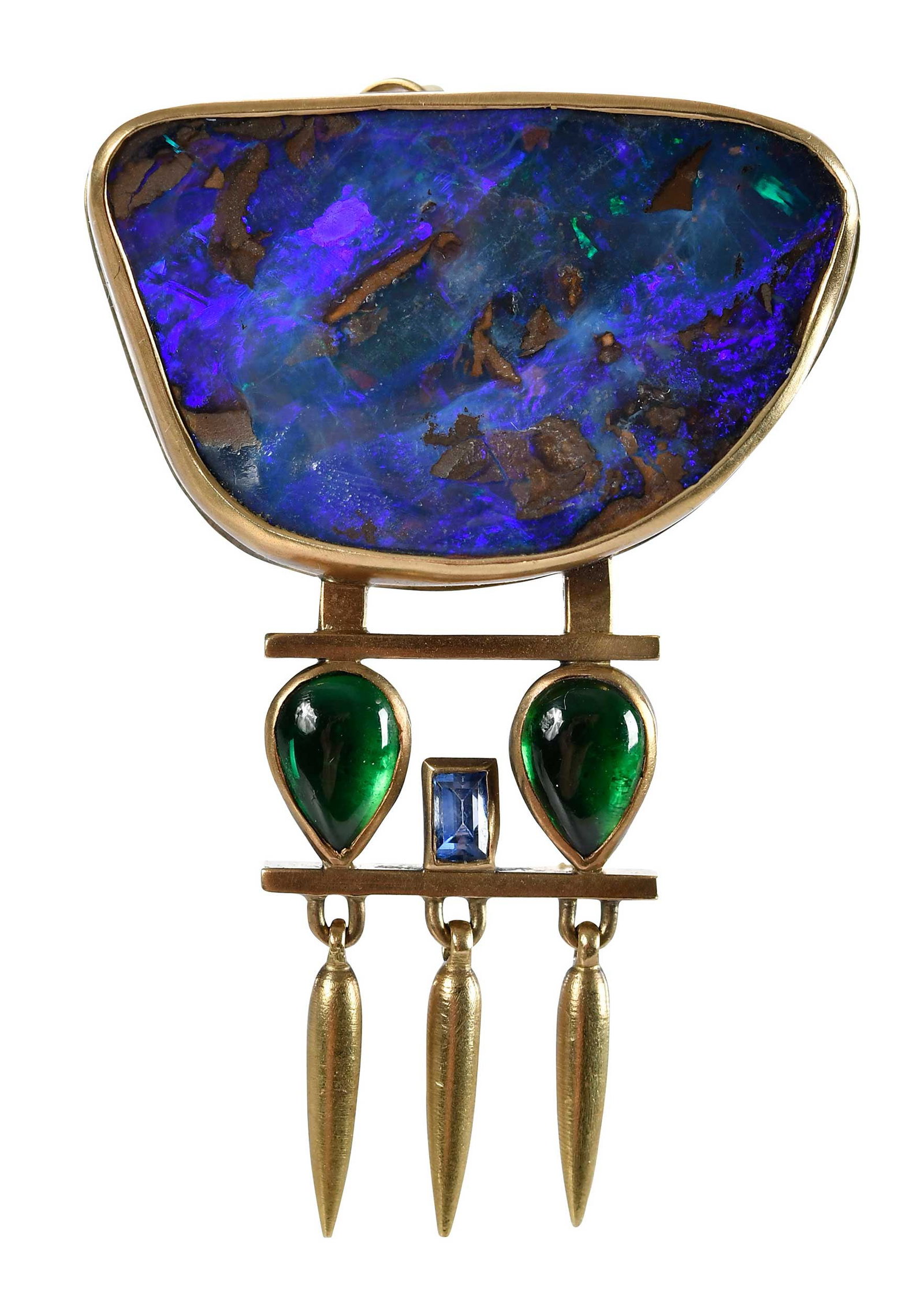 18kt. Boulder Opal, Chrome Tourmaline and Blue Sapphire Brooch, By Seven Fingers: free form Boulder opal, approx. 19.0mm x 30.0mm, two tear drop cabochon chrome tourmaline, step cut blue sapphire, maker'mark of Seven Fingers, stamped "18K", yellow gold, 1-3/4 in. total length, 12.8