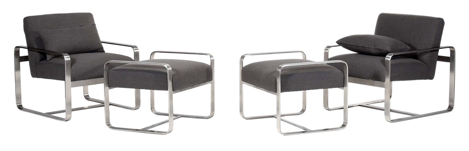 Pair of Modern Brushed Aluminum Armchairs with Ottomans, Manner of Baughman (1 of 5)