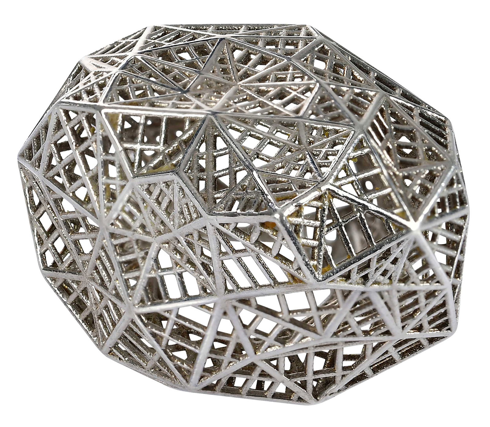 Silver Akris 3-D Printed "Naoshima Pavilion" Ring: spring 2016 collection, inspired by Sou Fujimoto'"Naoshima Pavilion", intricate 3D printed, silver, artist Albert Kreimler of Akris and VOJD Studios, 7-1/2 ring sz., approx. 2 in. wide, 1-1/4 in.
